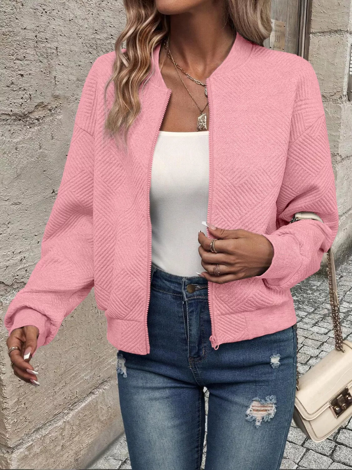 Texture Zip-Up Bomber Jacket - Be Bliss Boutique