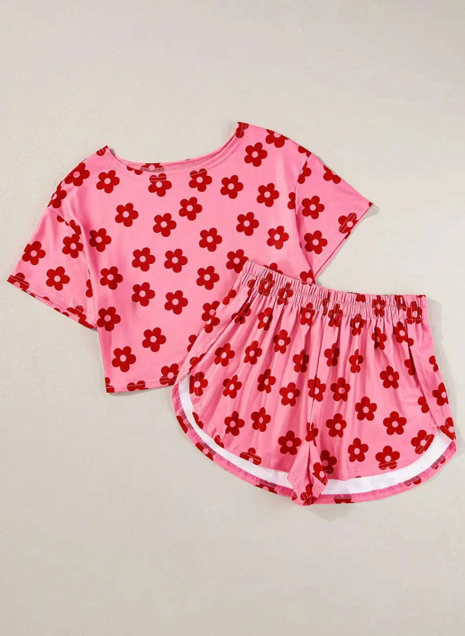 Pink & Red Floral Cropped Tee and Shorts Womens Loungewear Set - Be Bliss Boutique