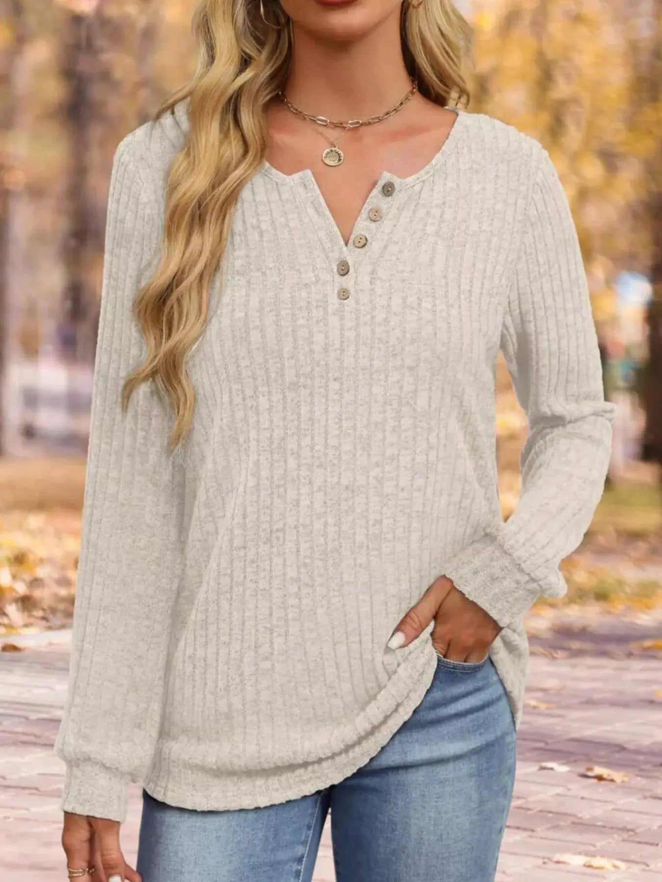 Ribbed Knit Button Front Long Sleeve T Shirt - Be Bliss Boutique