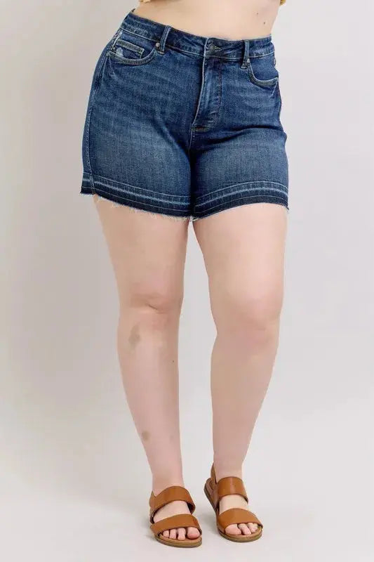 Judy Blue Jeans - Plus Size High Waist Tummy Control Destroy Release Hem Denim Shorts - Be Bliss Boutique