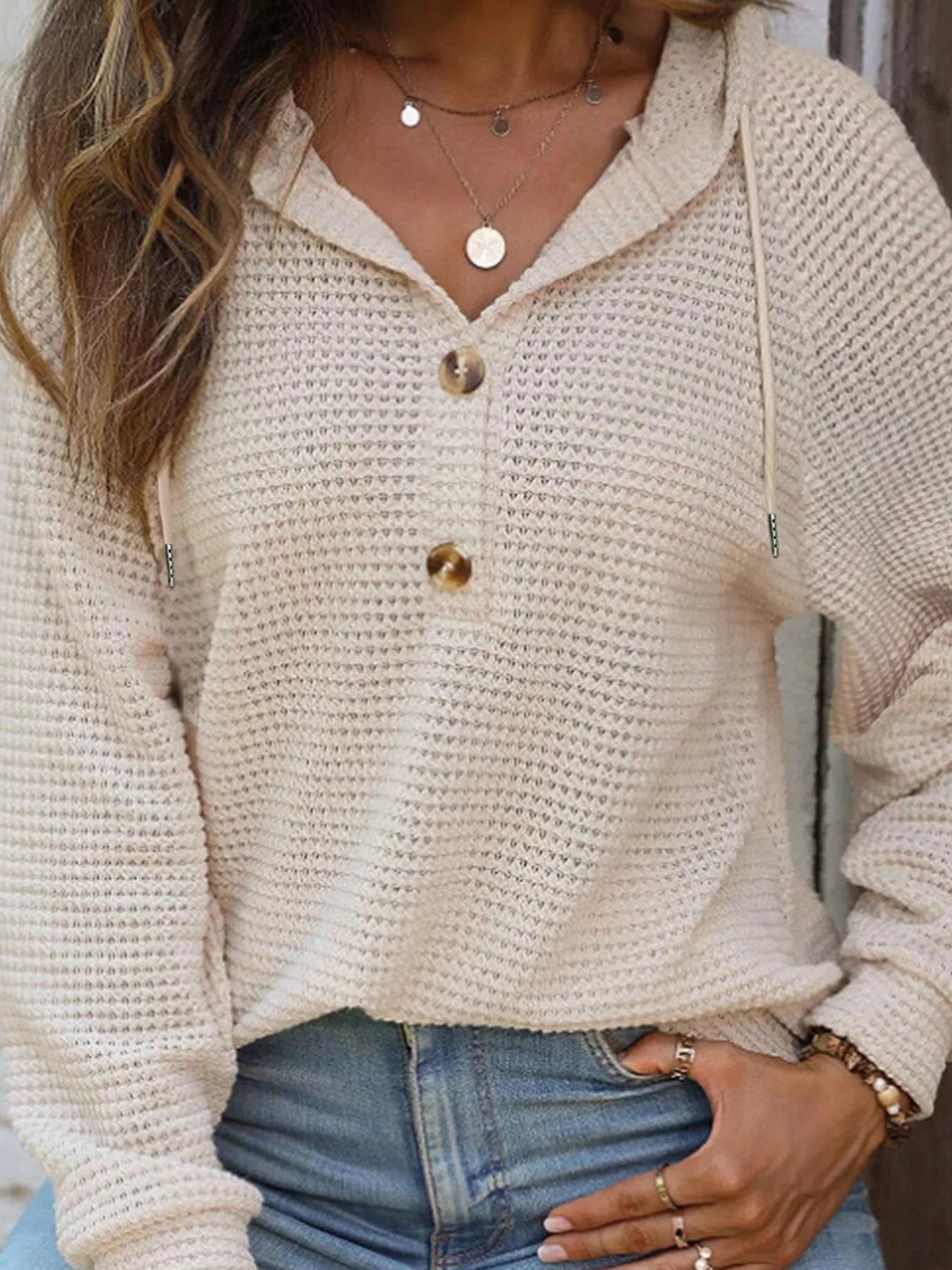 Casual Waffle Knit Button Detail Hoodie - Be Bliss Boutique
