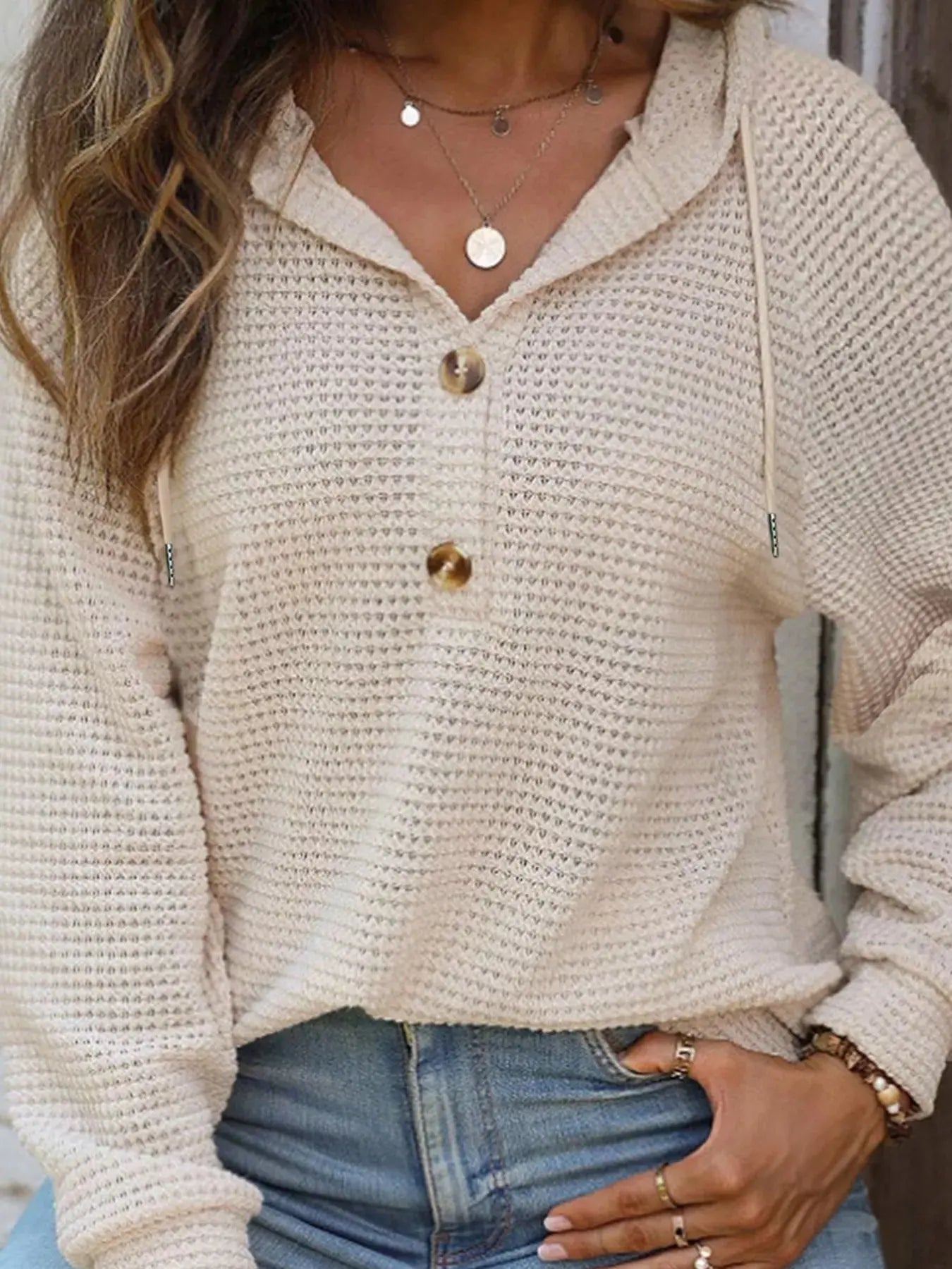 Casual Button Detail Waffle Knit Hoodie - Be Bliss Boutique