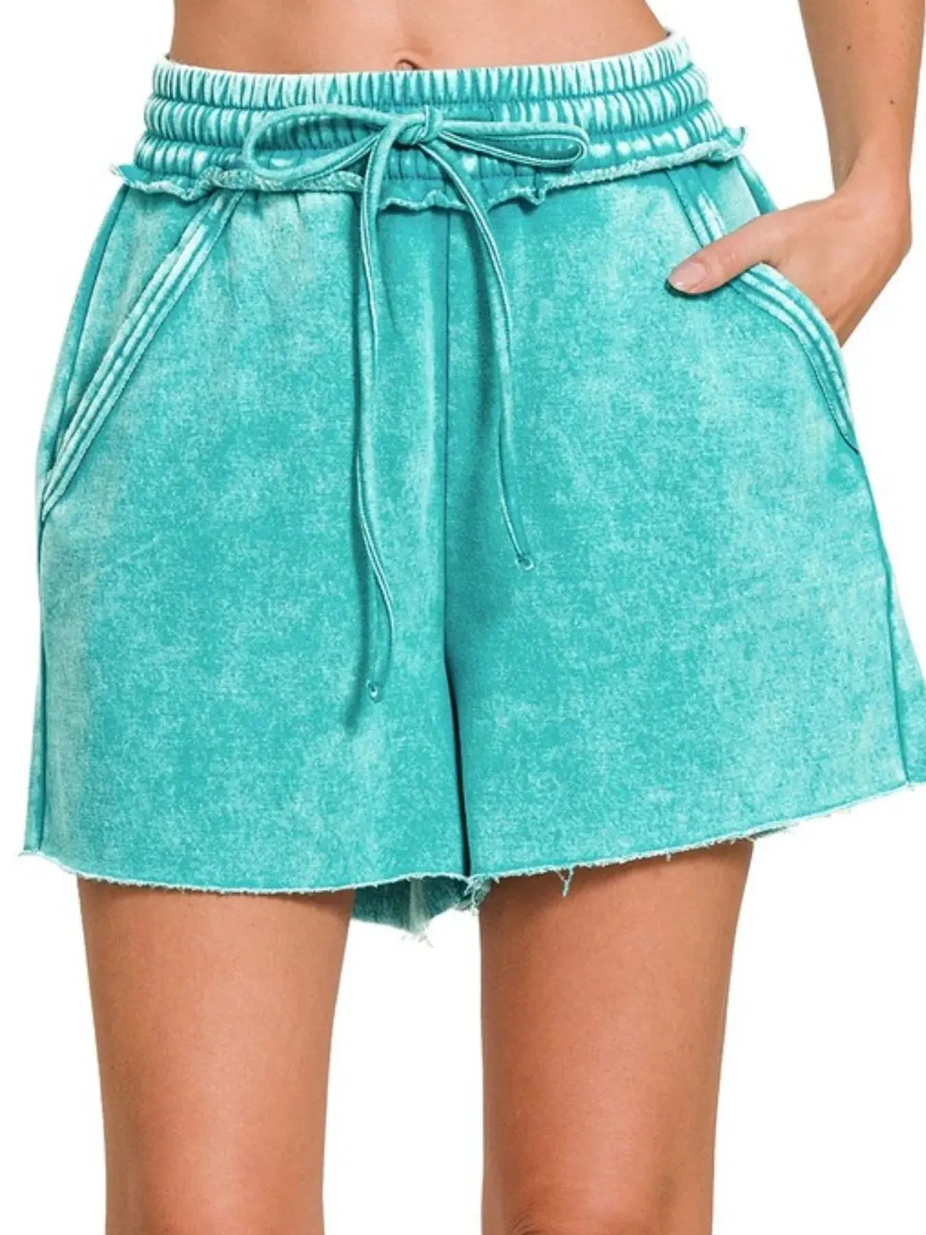 Zenana Teal Acid Wash Fleece Drawstring Shorts With Pockets - Be Bliss Boutique