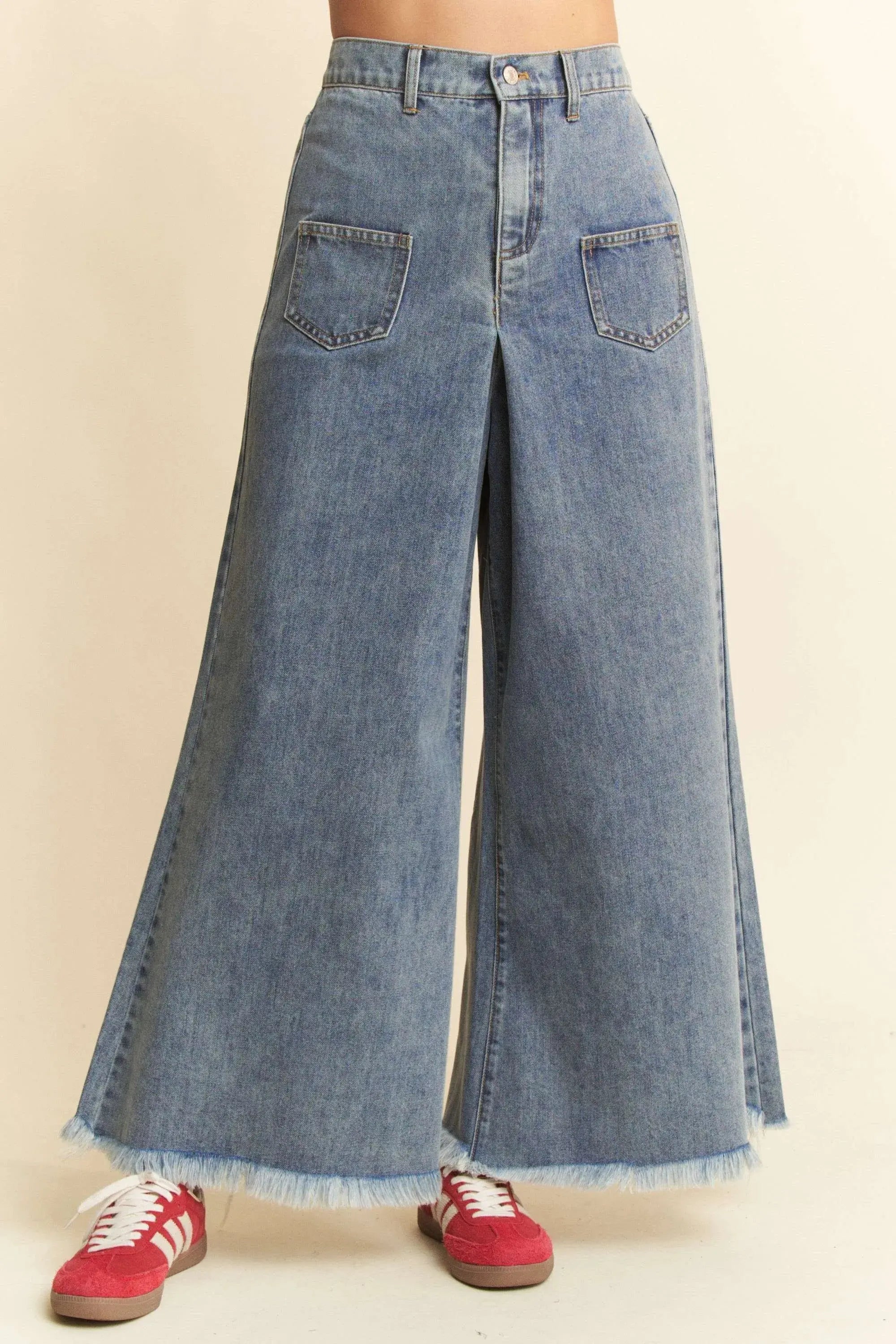 Davi & Dani Raw-Hem Patch-Pocket Wide Leg Culotte Jeans - Be Bliss Boutique