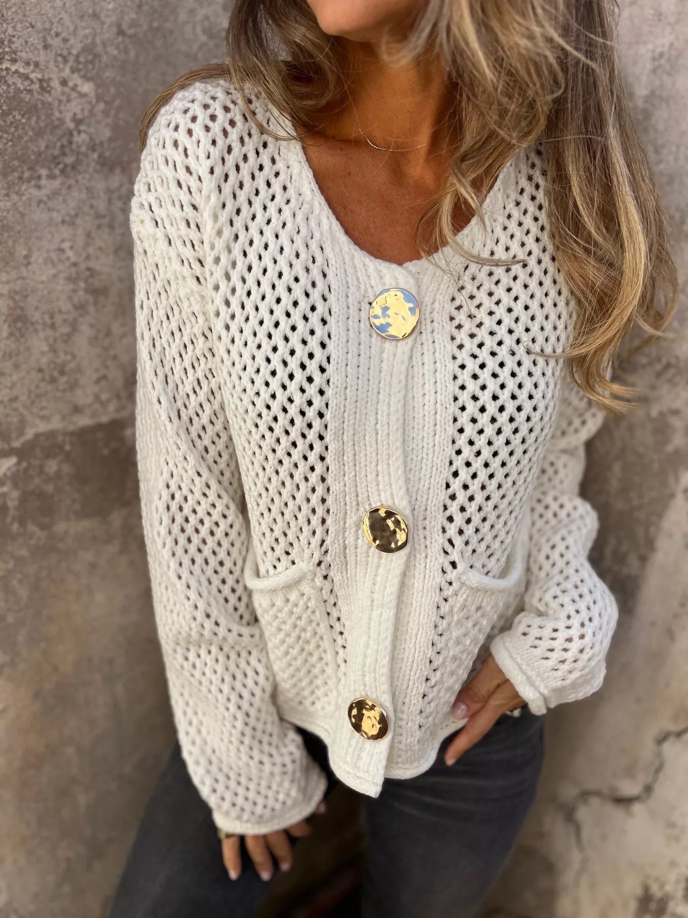 Crochet Button Up Long Sleeve Cardigan -  Be Bliss Boutique