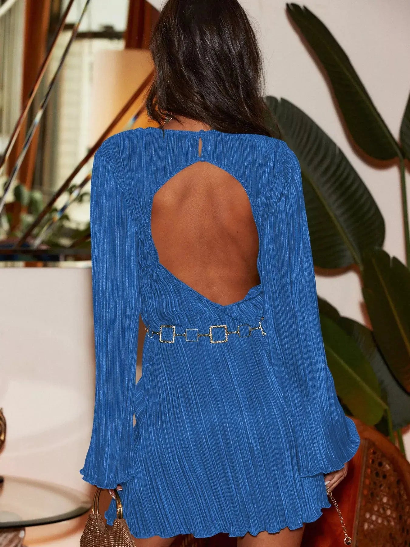 Cutout Back Flare Sleeve Dress - Be Bliss Boutique