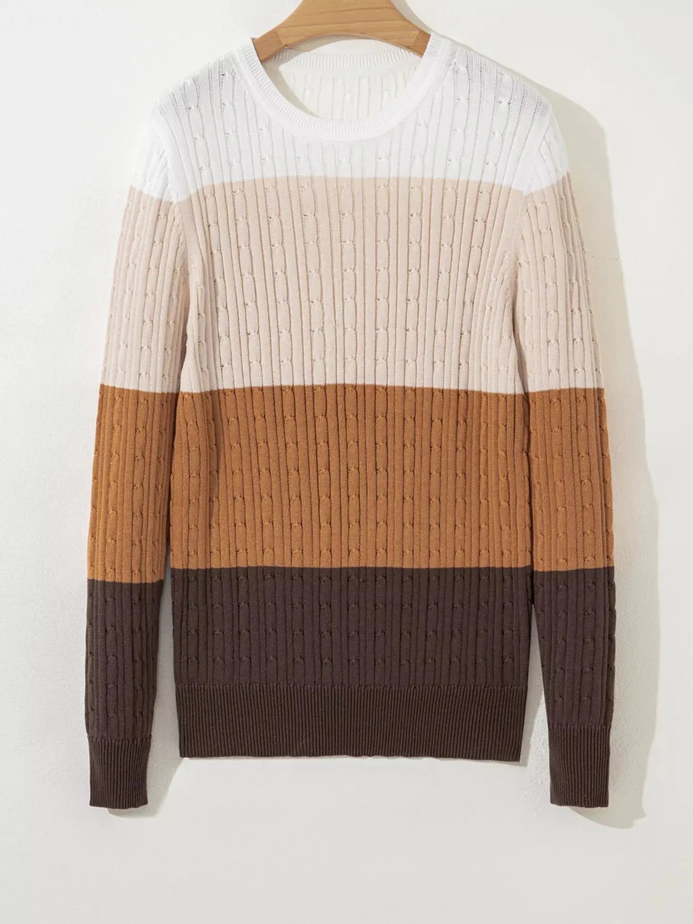 Colorblock Round Neck Cable Knit Sweater - Be Bliss Boutique