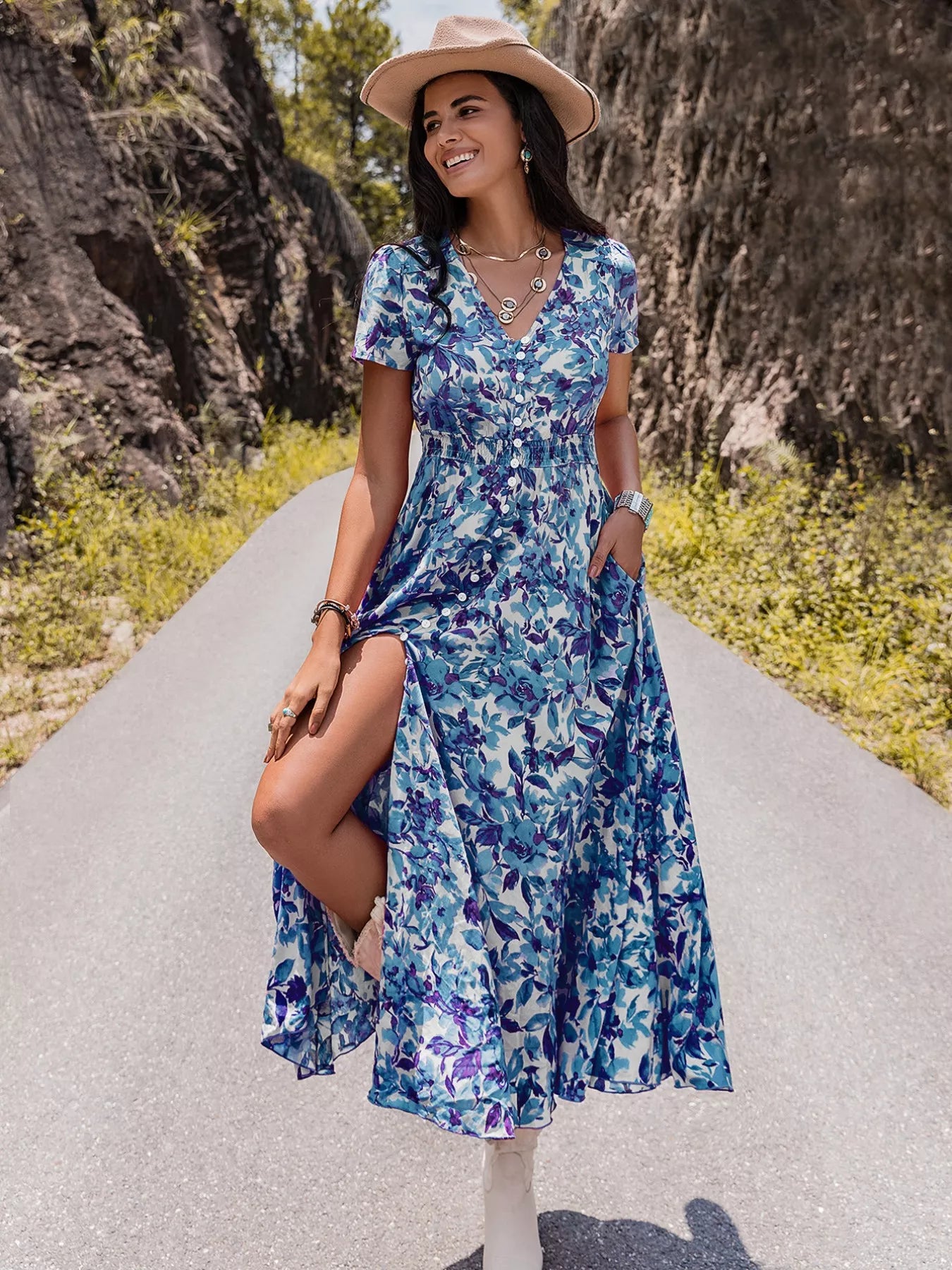 Floral Print Slit Front V Neck Midi Dress - Be Bliss Boutique