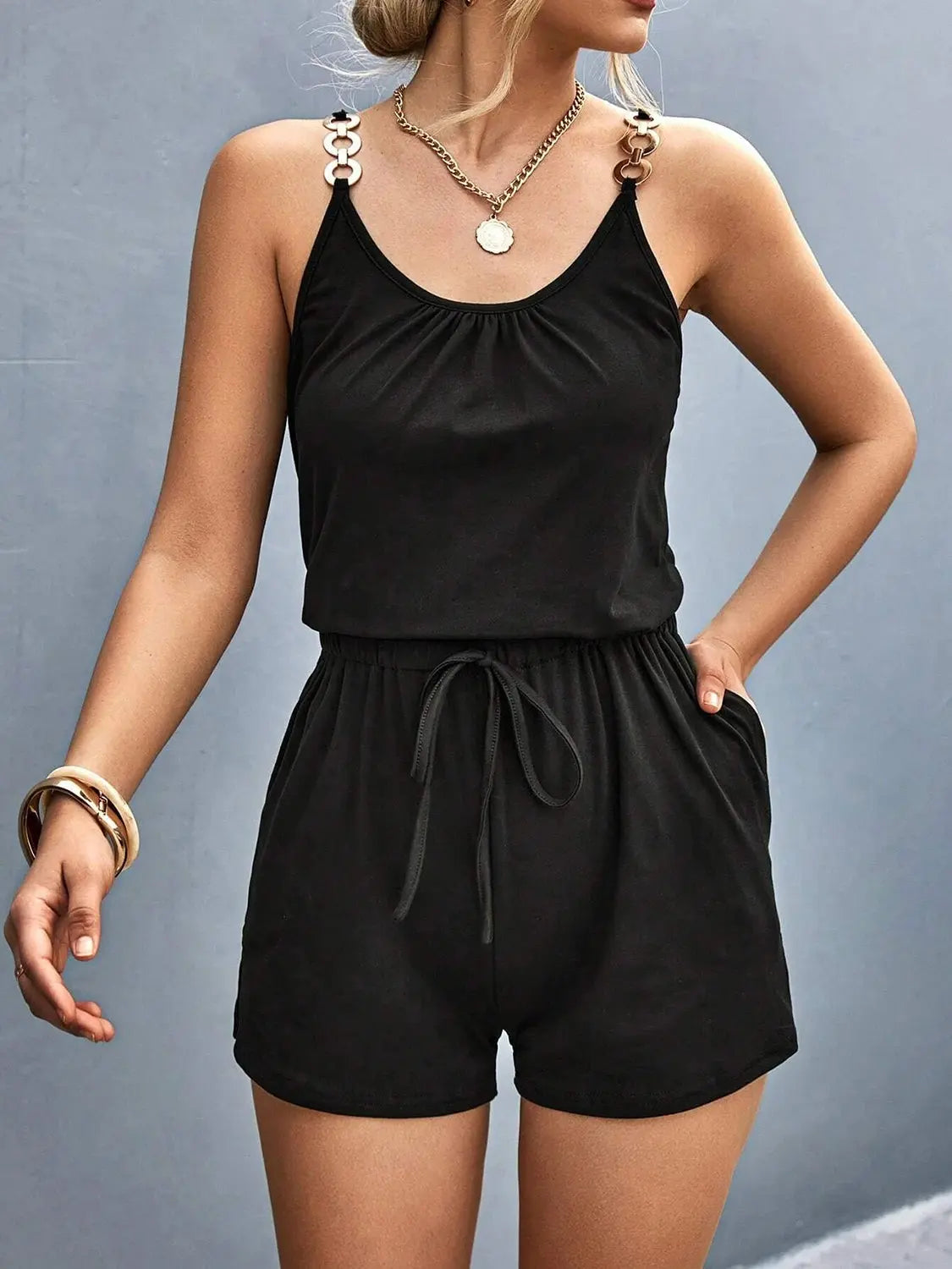 Pocketed Buckle Trim Scoop Neck Romper - Be Bliss Boutique