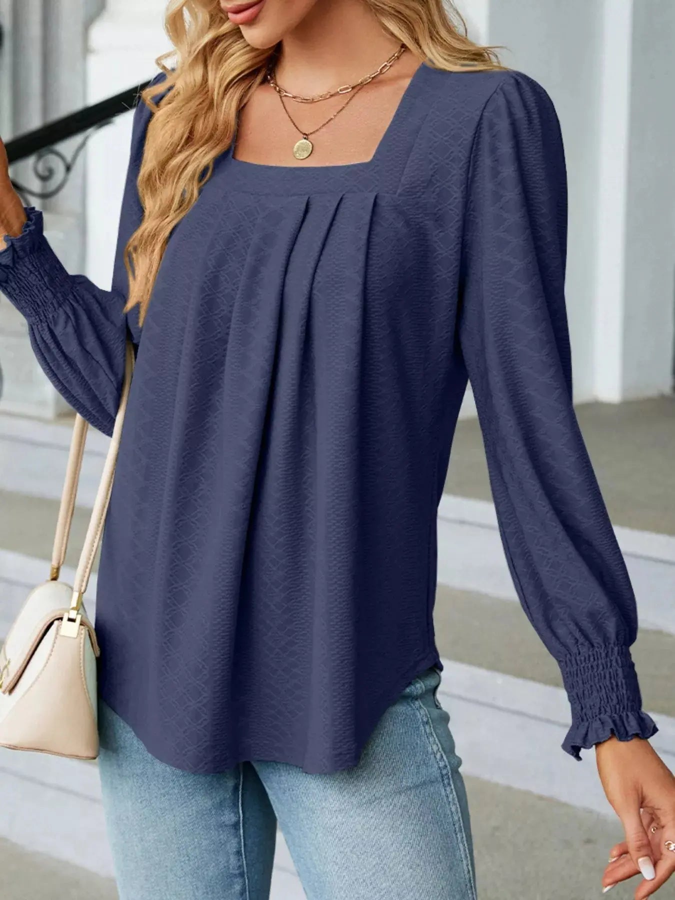 Pleated Square Neck Long Sleeve Top - Be Bliss Boutique