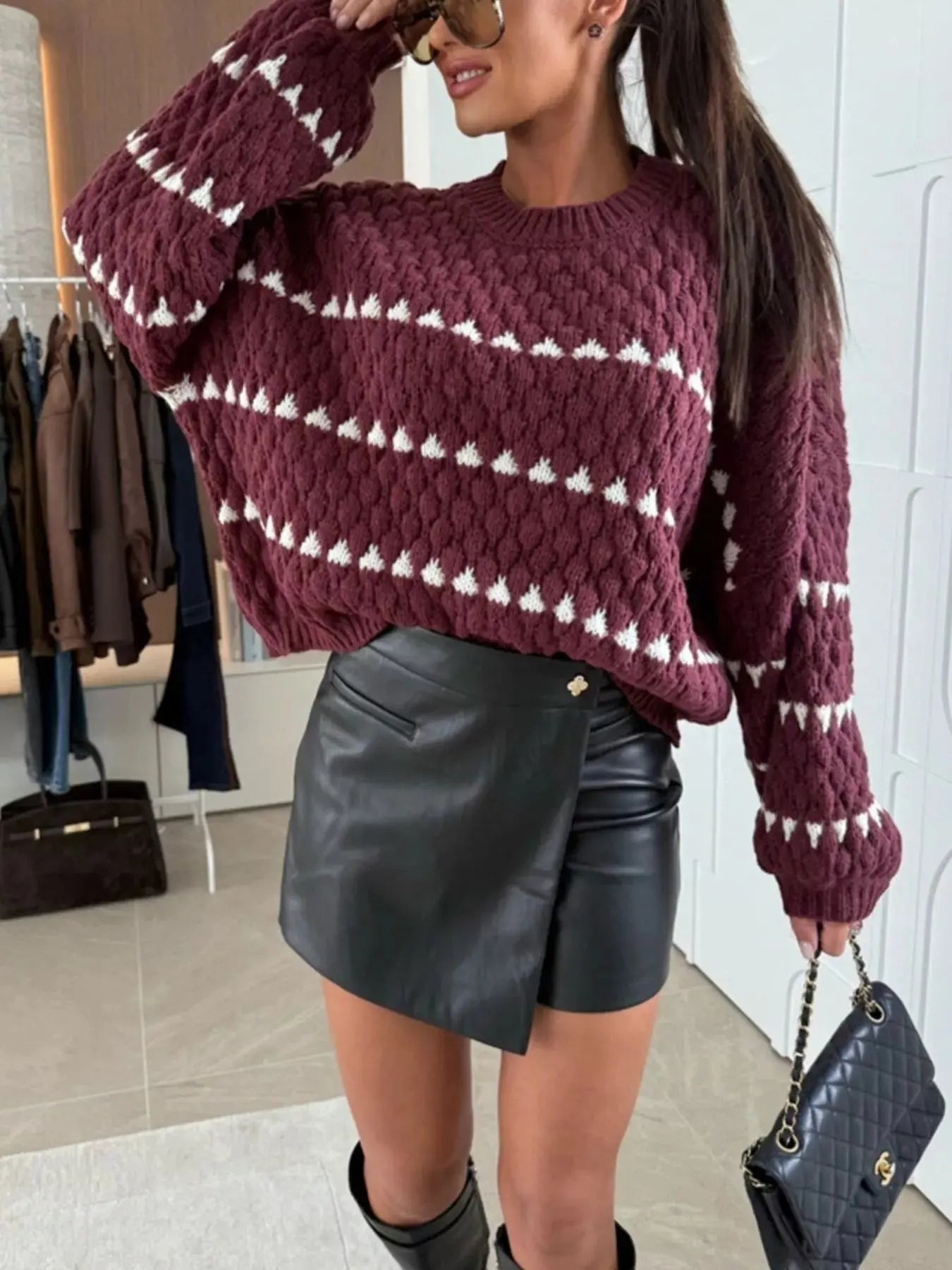 Striped Chunky Knit Sweater with Balloon Sleeves - Be Bliss Boutique