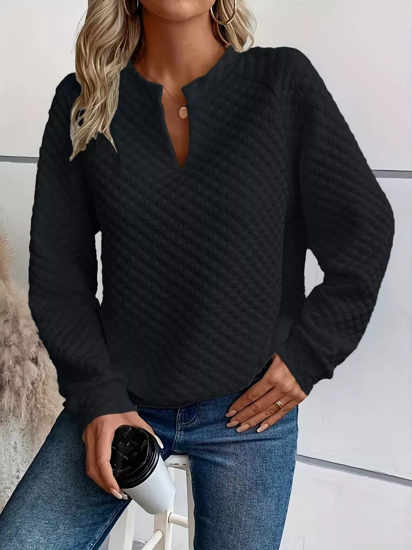 Notched Raglan Sleeve Sweatshirt -  Be Bliss Boutique