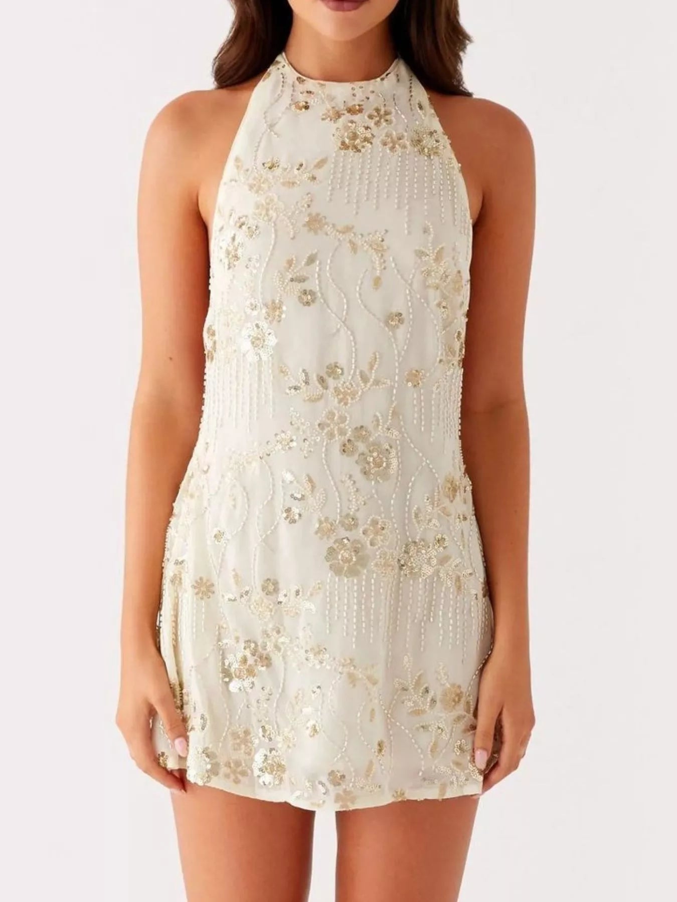 Backless Embroidered Halter Neck Mini Dress - Be Bliss Boutique