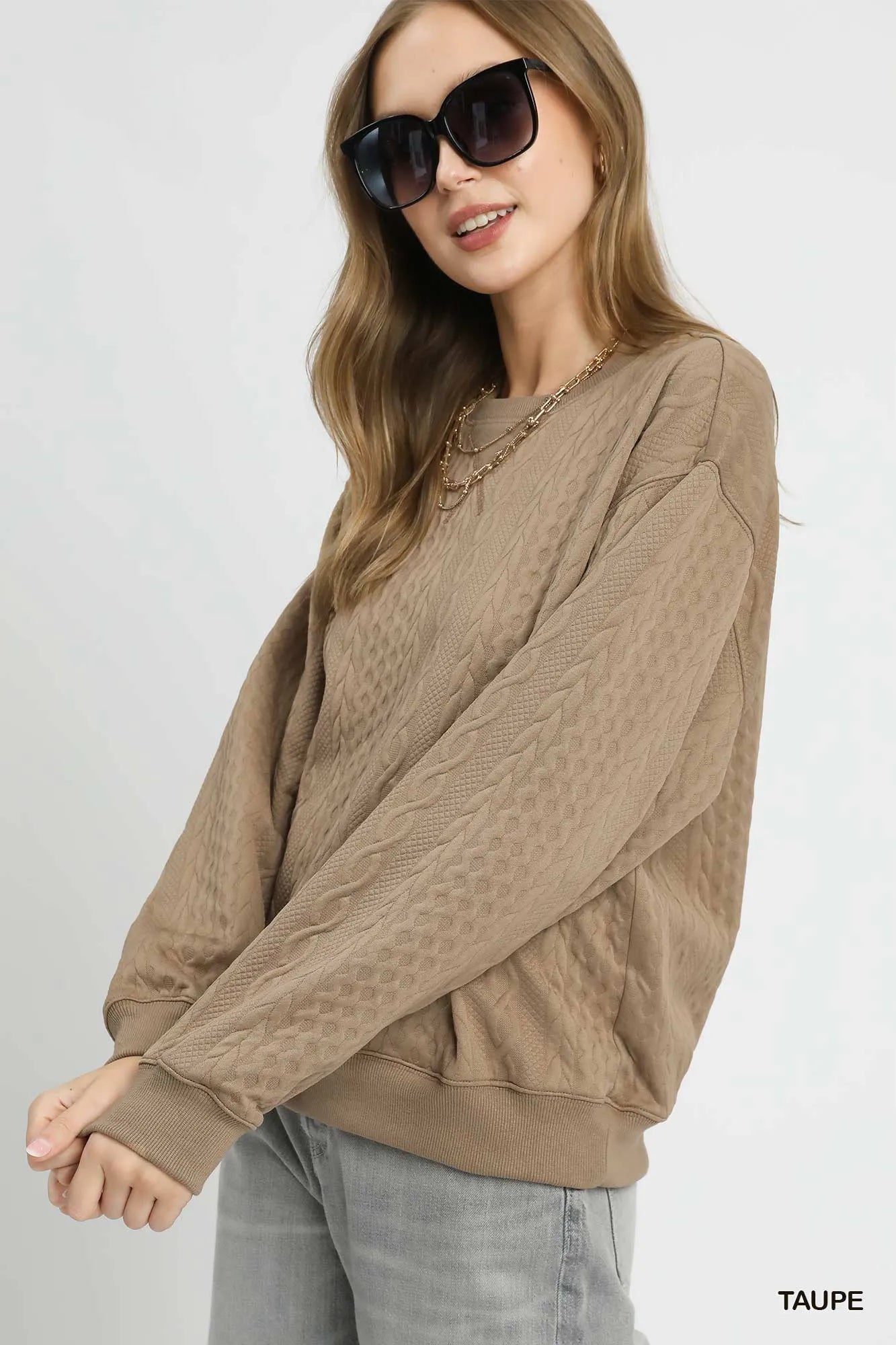 Umgee Texture Pattern Cable Knit Sweatshirt with Ribbed Hem - Be Bliss Boutique