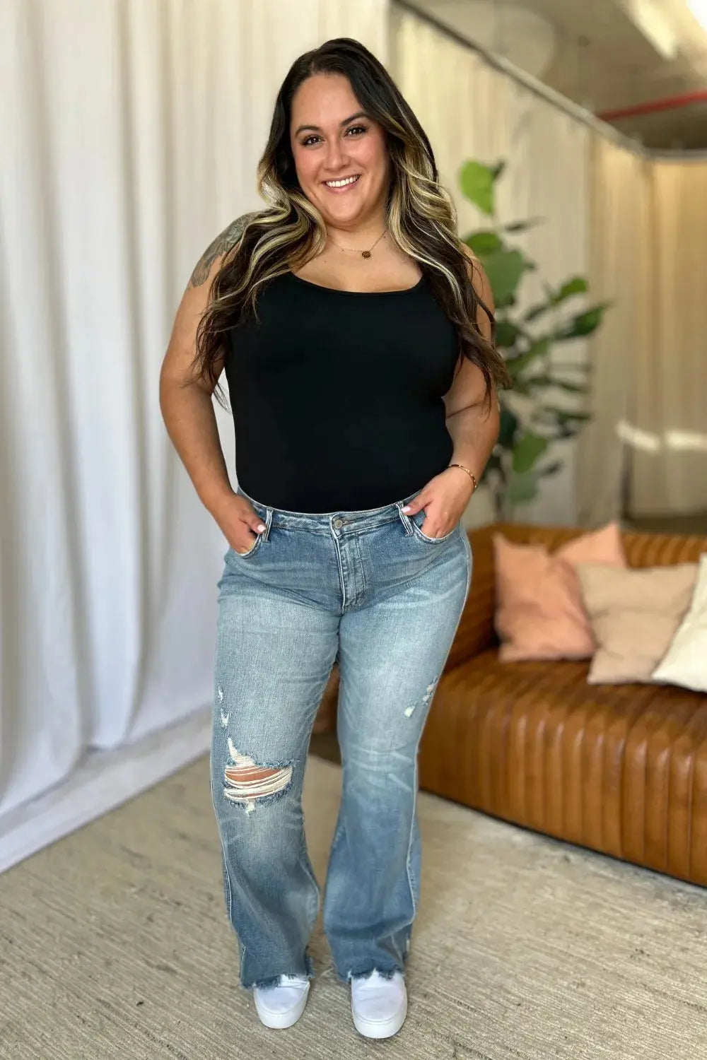 Plus Size Medium Rise Tummy Control Destroy Flare Judy Blue Jeans - Be Bliss Boutique