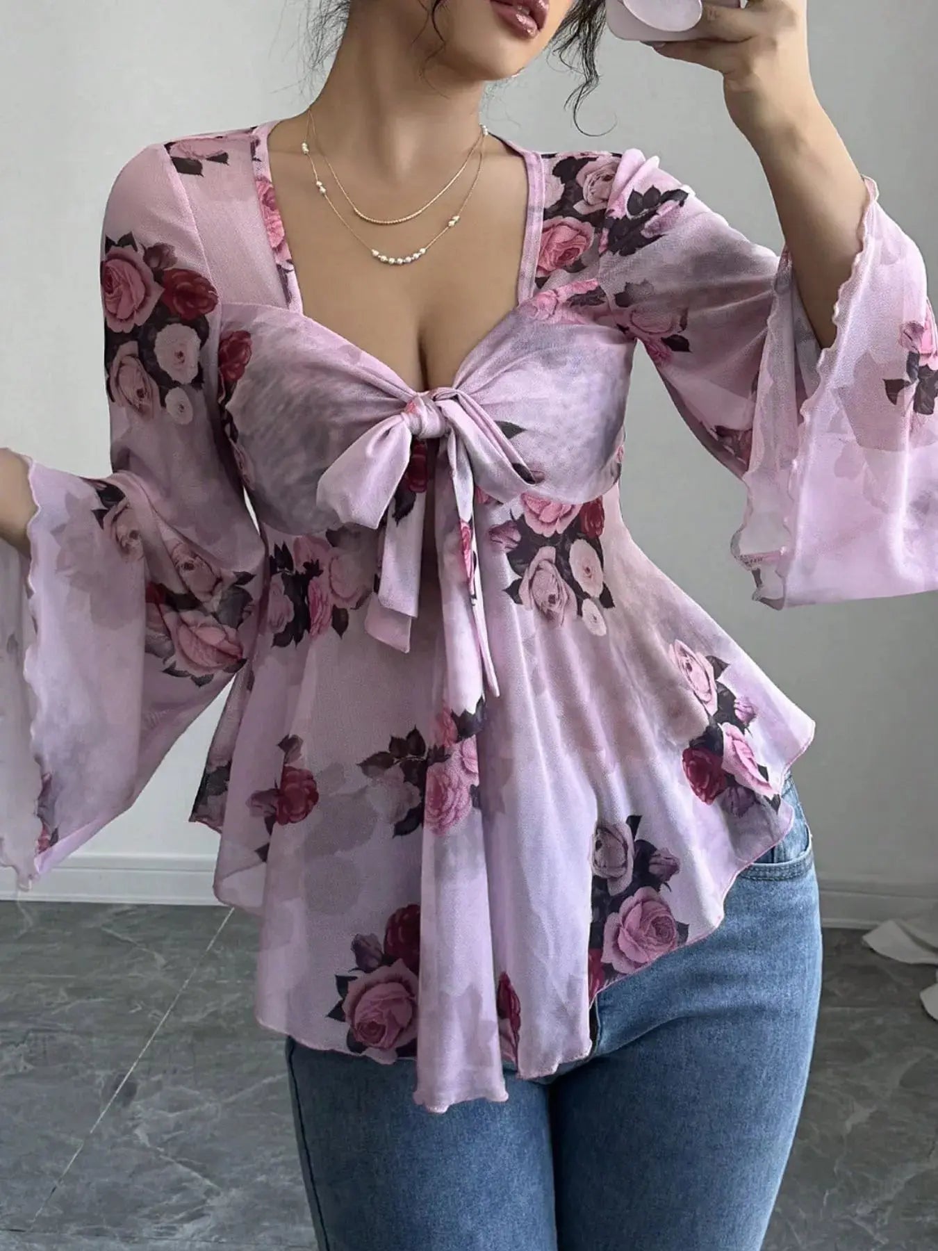 Floral Tie Front Flare Sleeve Blouse - Be Bliss Boutique