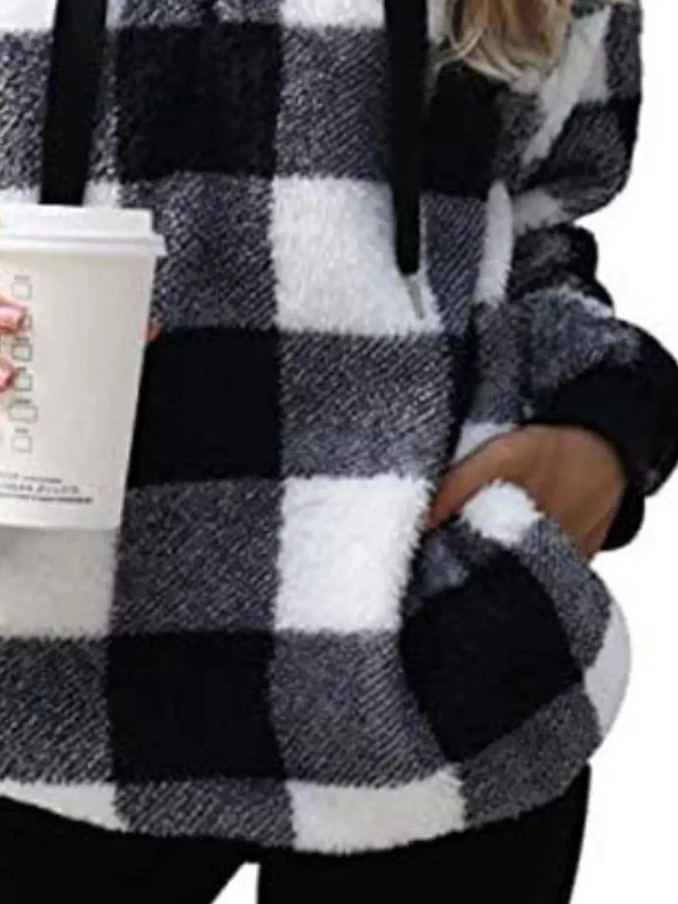 Plus Size Plaid Drawstring Sherpa Hoodie - Be Bliss Boutique