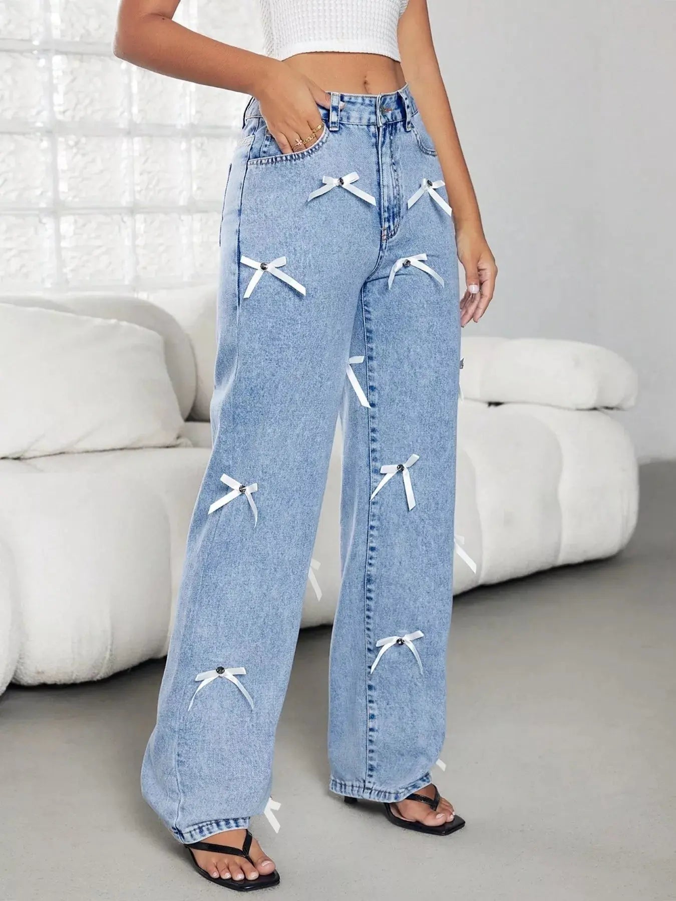 Bow Decor High Waist Wide Leg Jeans - Be Bliss Boutique