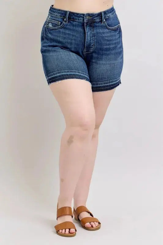 Judy Blue Jeans - Plus Size High Waist Tummy Control Destroy Release Hem Denim Shorts - Be Bliss Boutique