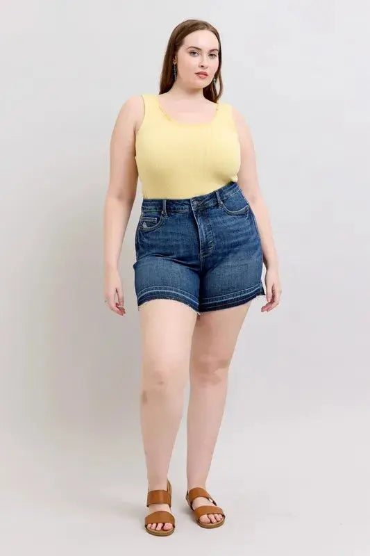Judy Blue Jeans - Plus Size High Waist Tummy Control Destroy Release Hem Denim Shorts - Be Bliss Boutique