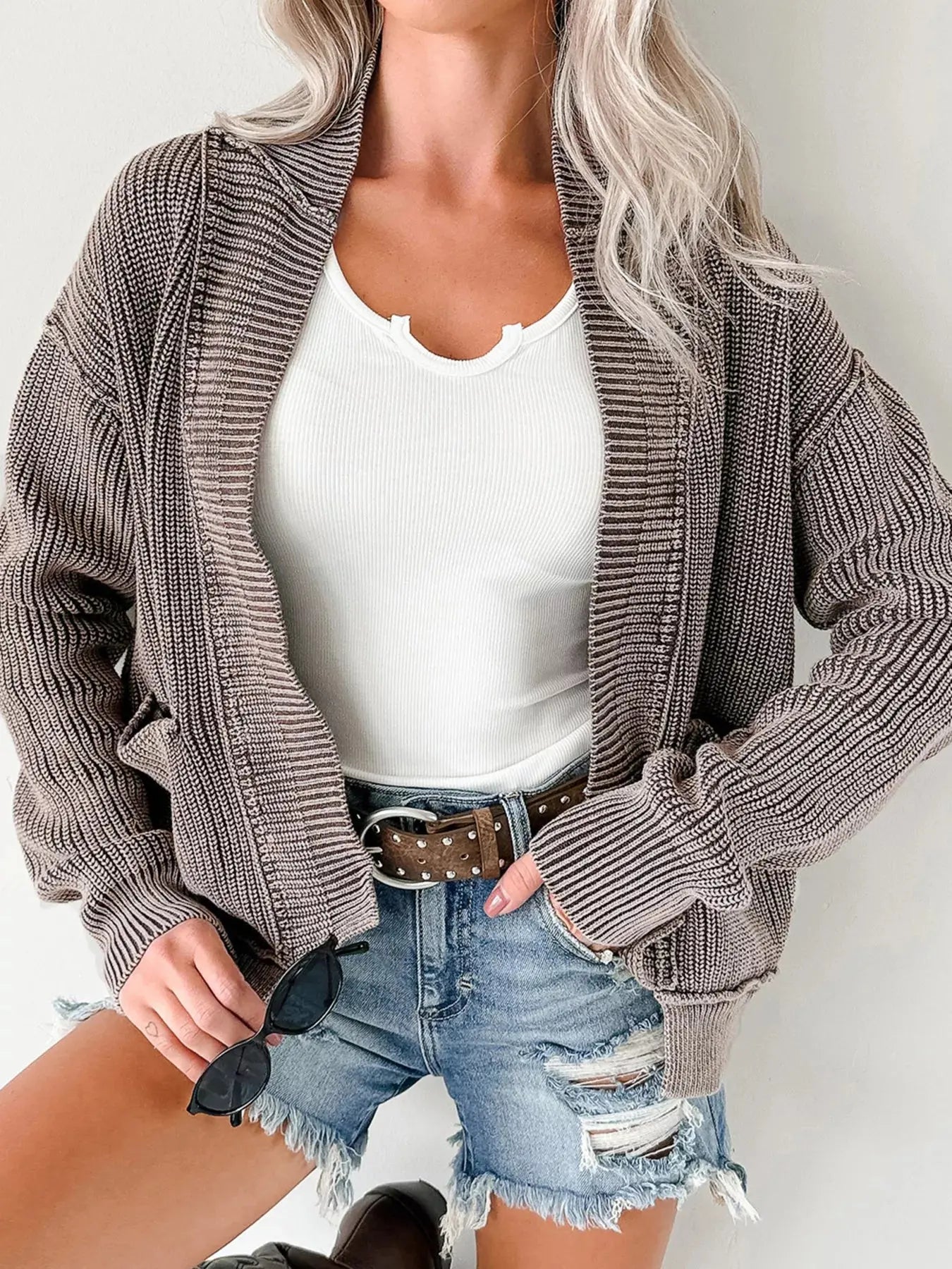 Mineral Wash Exposed Seam Patchwork Open Knit Cardigan - Be Bliss Boutique
