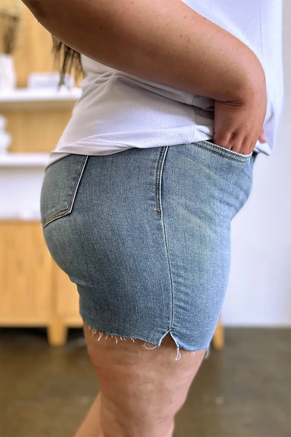 Judy Blue Jeans - Full Size High Waist Raw Hem Denim Shorts - Be Bliss Boutique