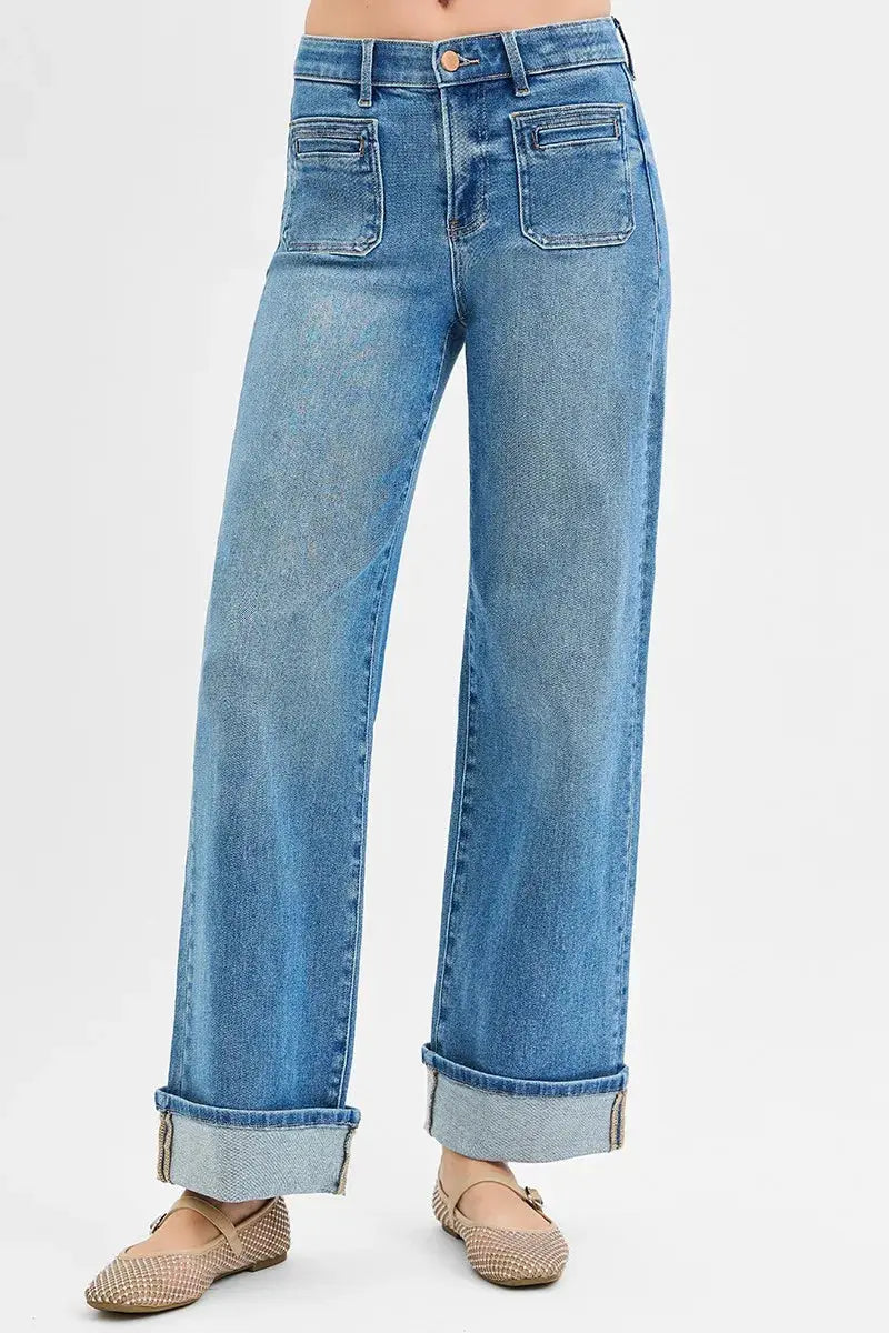 Full Size Elastic Band Mid Rise Wide Front Patch Pocket Cuff RISEN Jeans - Be Bliss Boutique