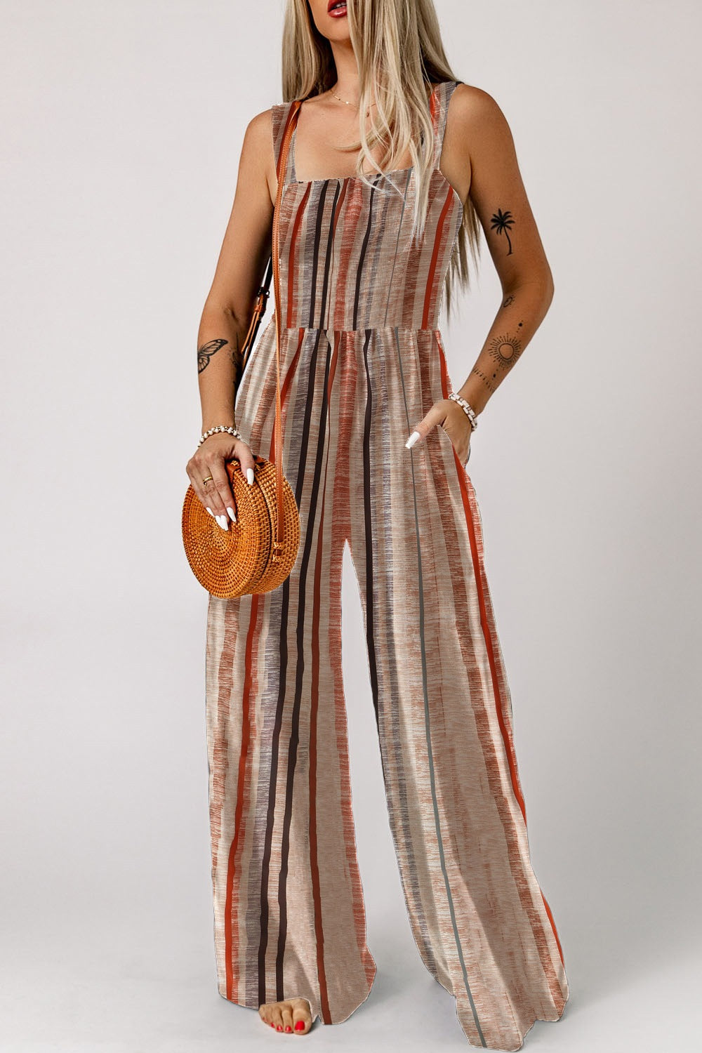Stripe Square Neck Sleeveless Smocked Bodice Wide Leg Jumpsuit - Be Bliss Boutique