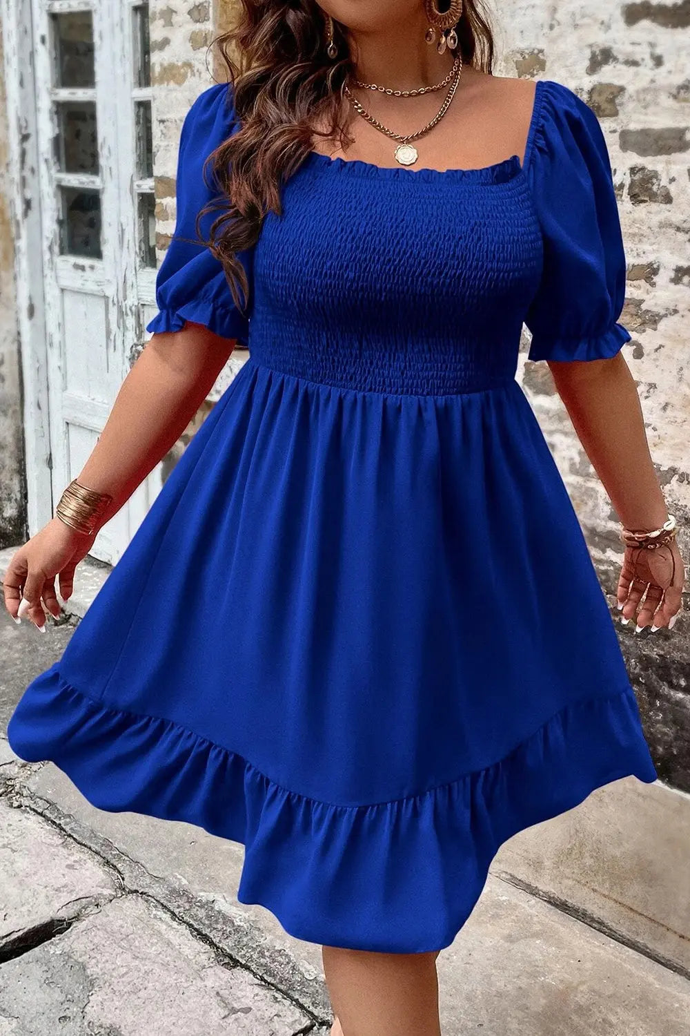 Plus Size Smocked Square Neck Short Sleeve Dress - Be Bliss Boutique