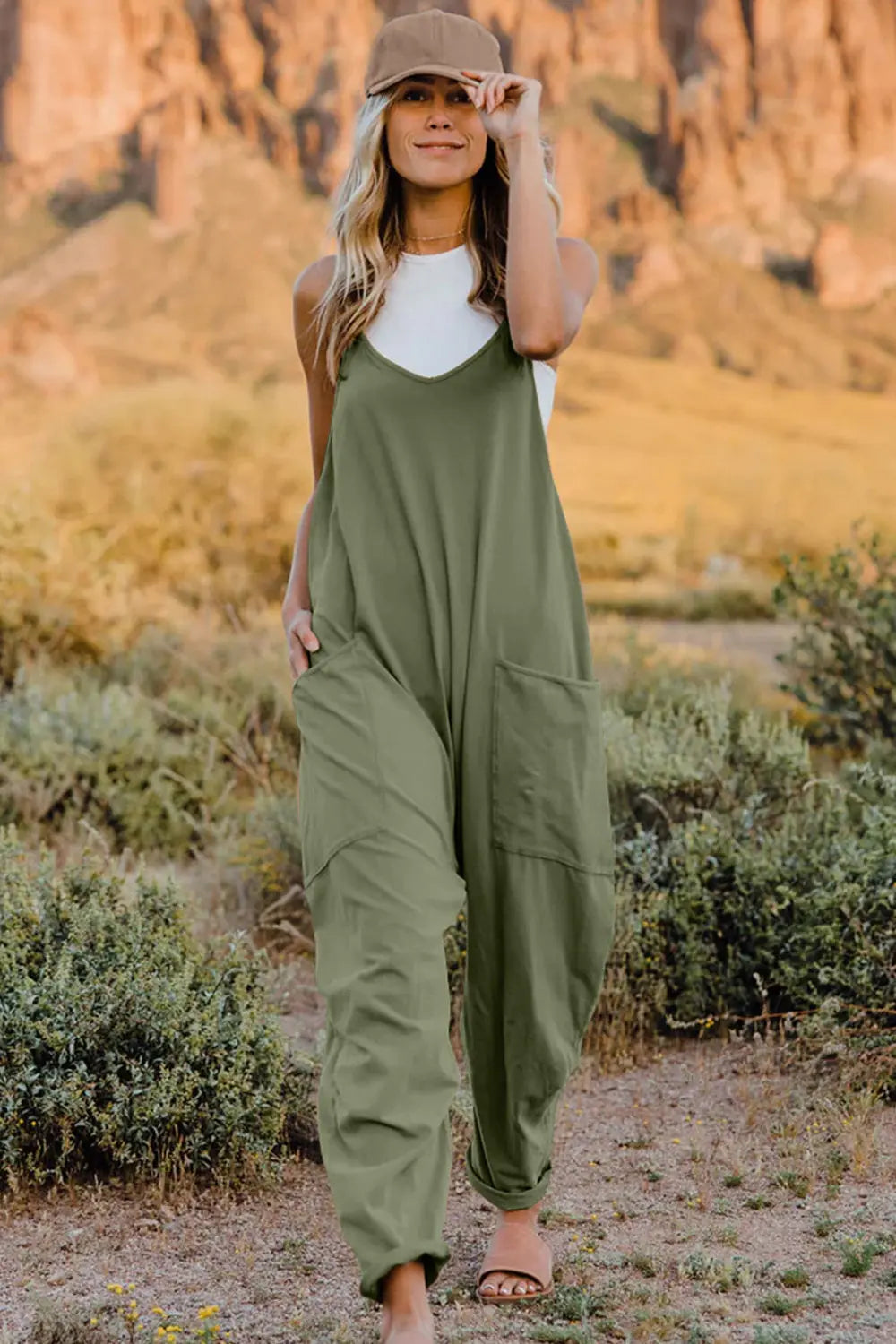 Double Take Full Size V-Neck Sleeveless Jumpsuit with Pockets - Be Bliss Boutique