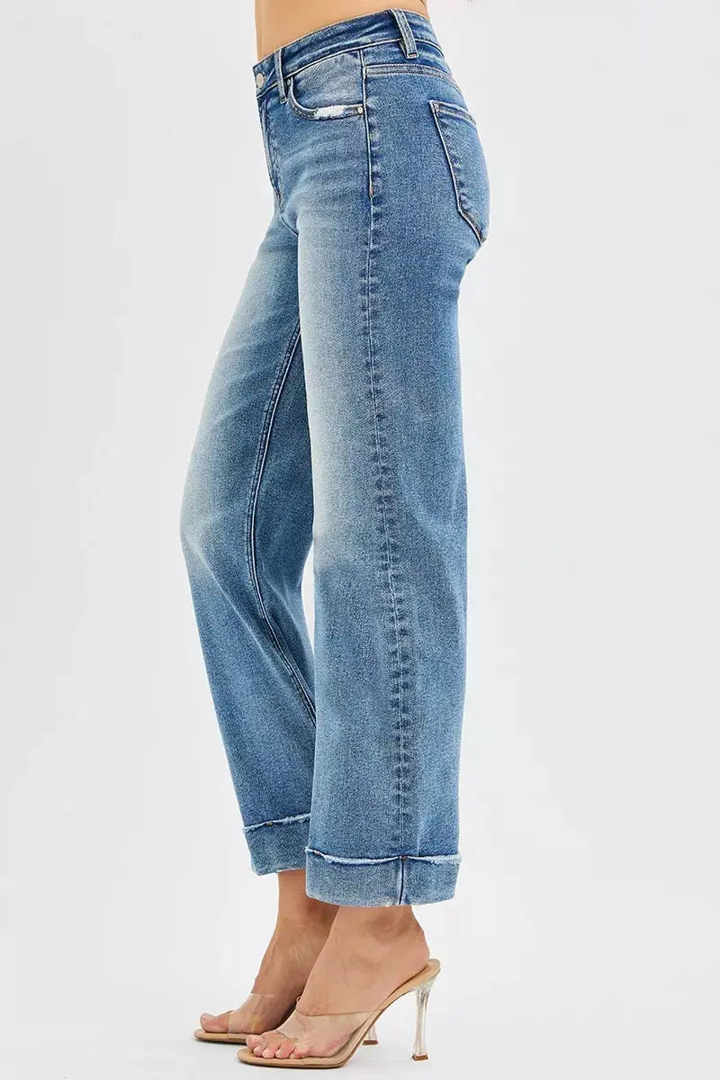 RISEN Jeans - Full Size Mid Rise Crop Straight Jeans with Taylor Cuffed Jeans - Be Bliss Boutique