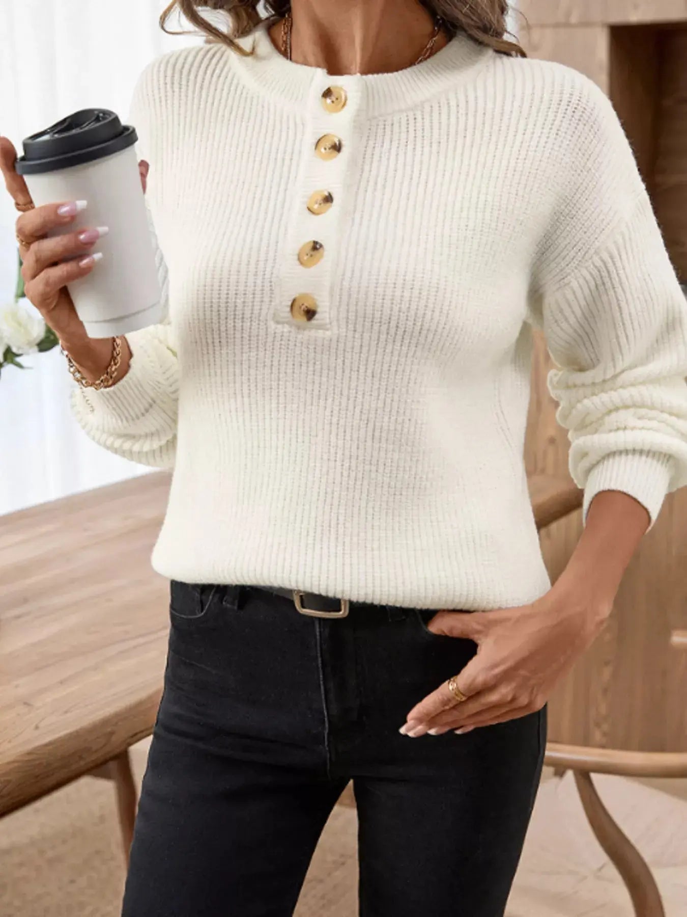 Button Detail Long Sleeve Sweater - Be Bliss Boutique