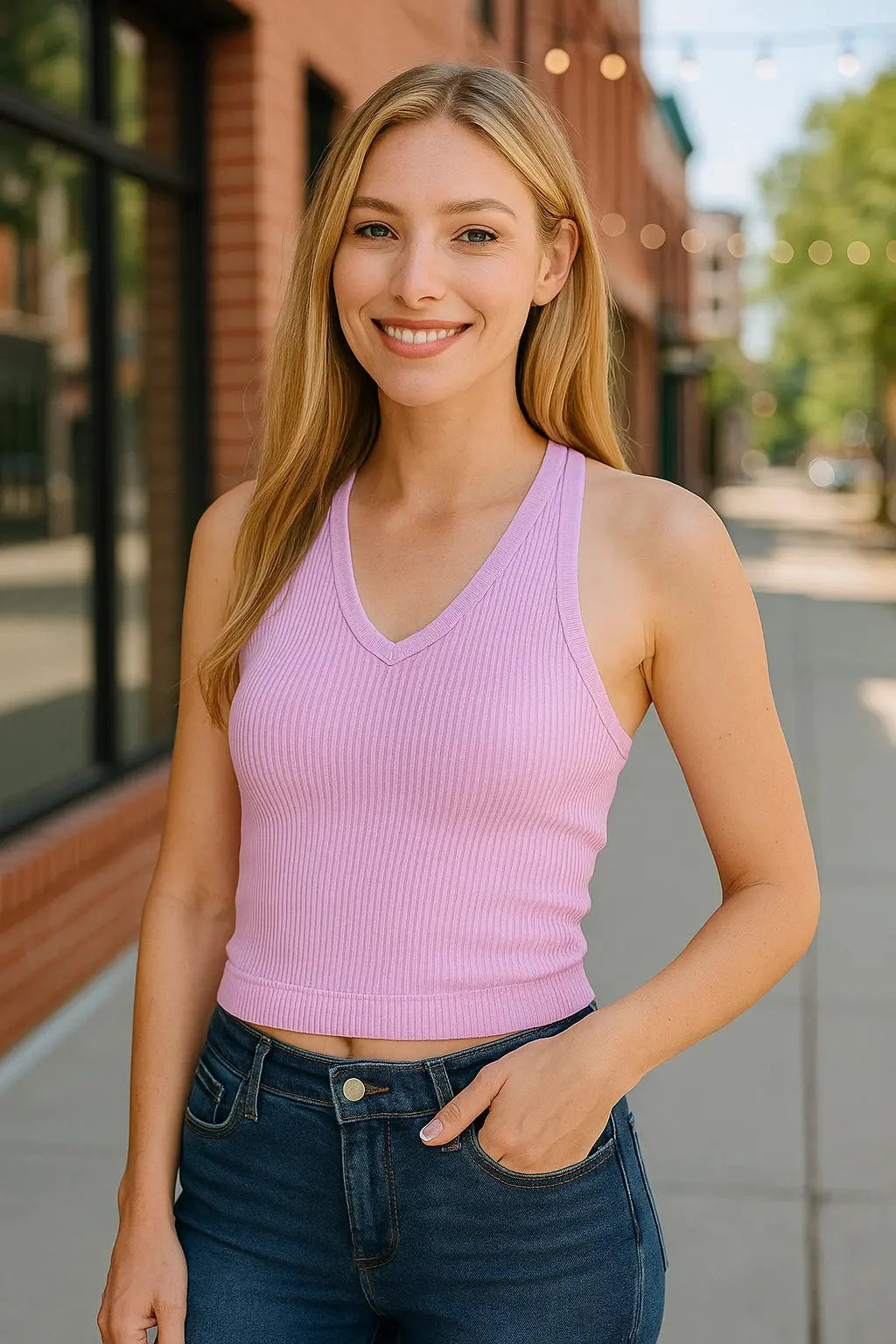 Zenana Pink Ribbed Seamless V Neck Tank with Built in Bra - Be Bliss Boutique