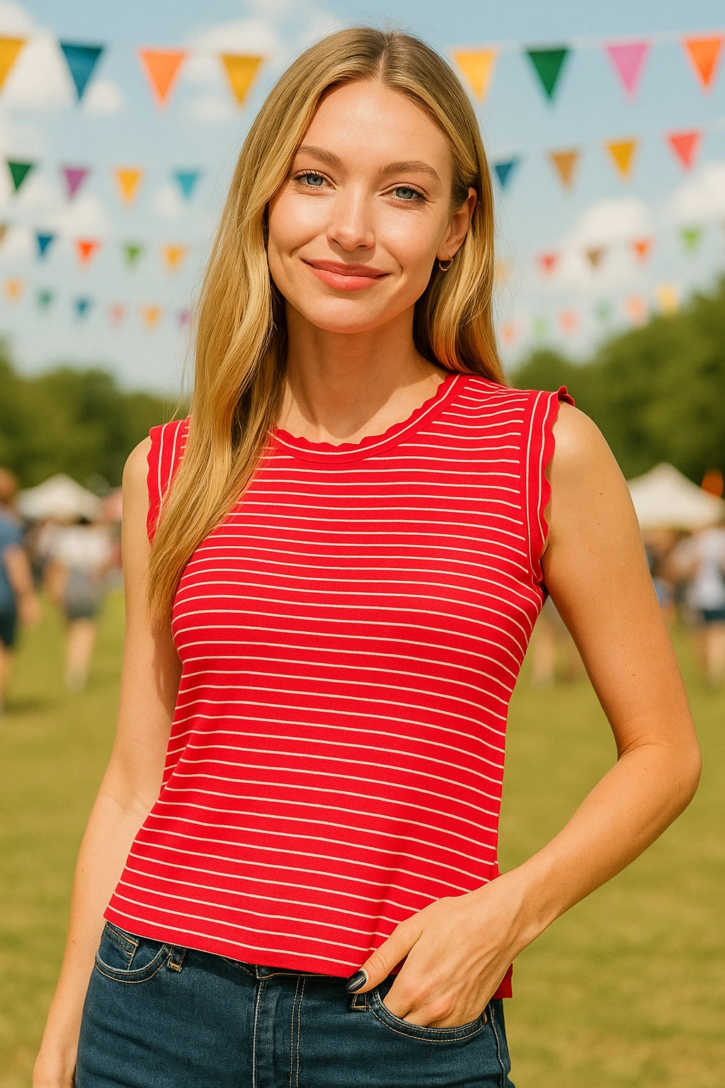 Zenana Ruby Ribbed Ruffle Trim Striped Sleeveless Tank Top for Women - Be Bliss Boutique