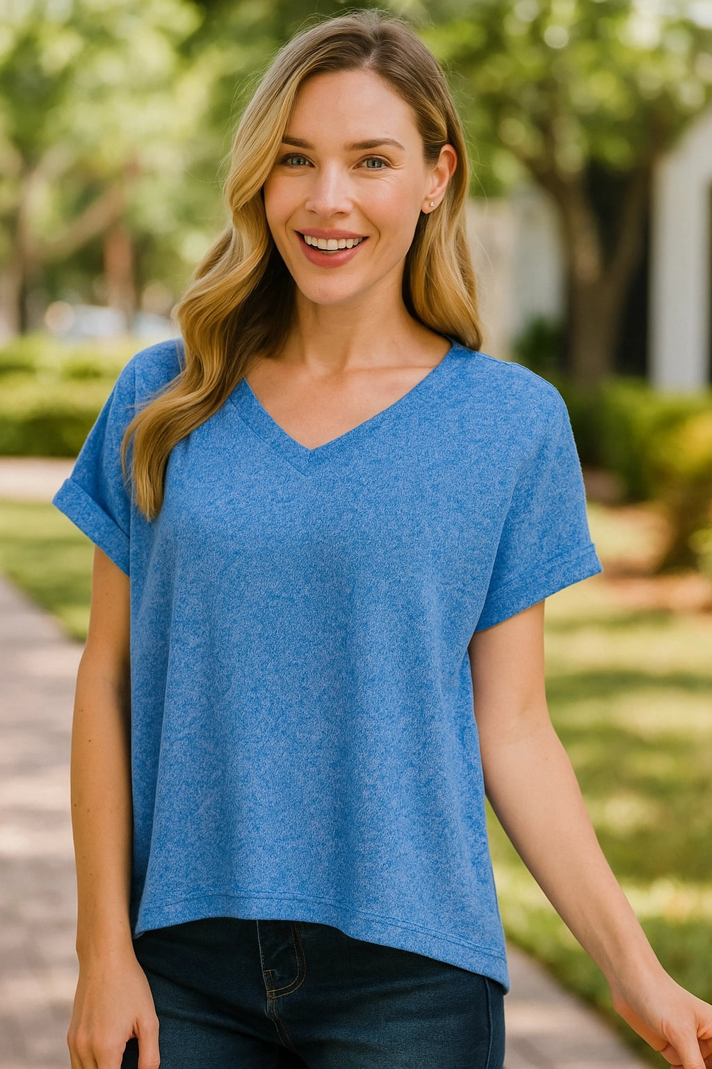 Zenana Soft Melange Hacci V-Neck Rolled Sleeve T Shirt – Blue - Be Bliss Boutique
