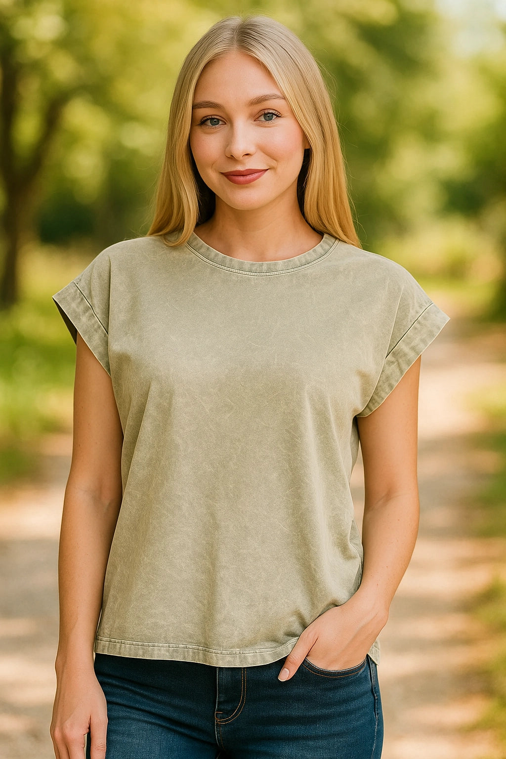 Zenana Crinkle Washed Folded Cotton Womens Short Sleeve T Shirt – Vintage Sleet - Be Bliss Boutique