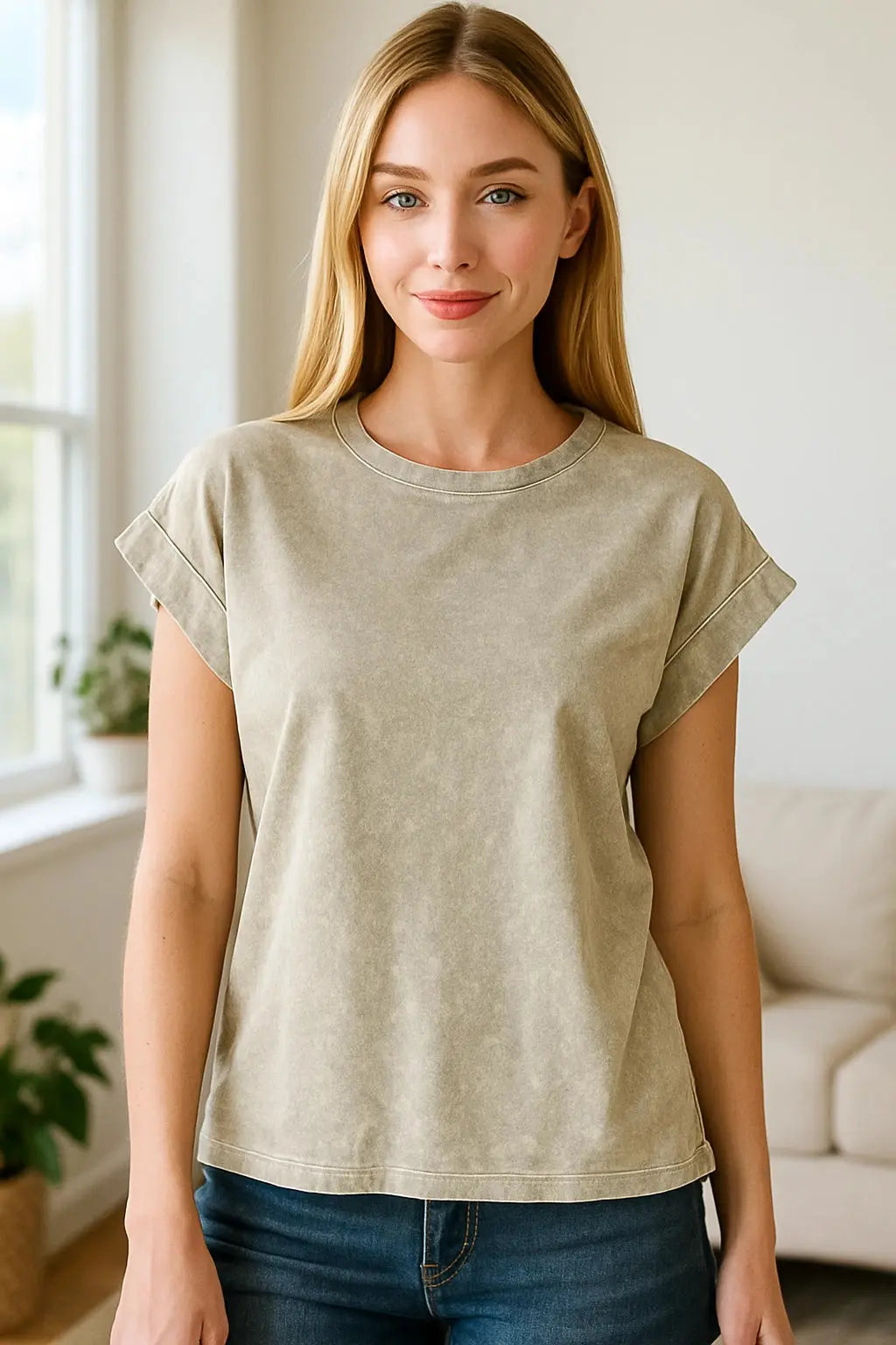 Zenana Crinkle Washed Folded Cotton Womens Short Sleeve T Shirt – Vintage Sleet - Be Bliss Boutique