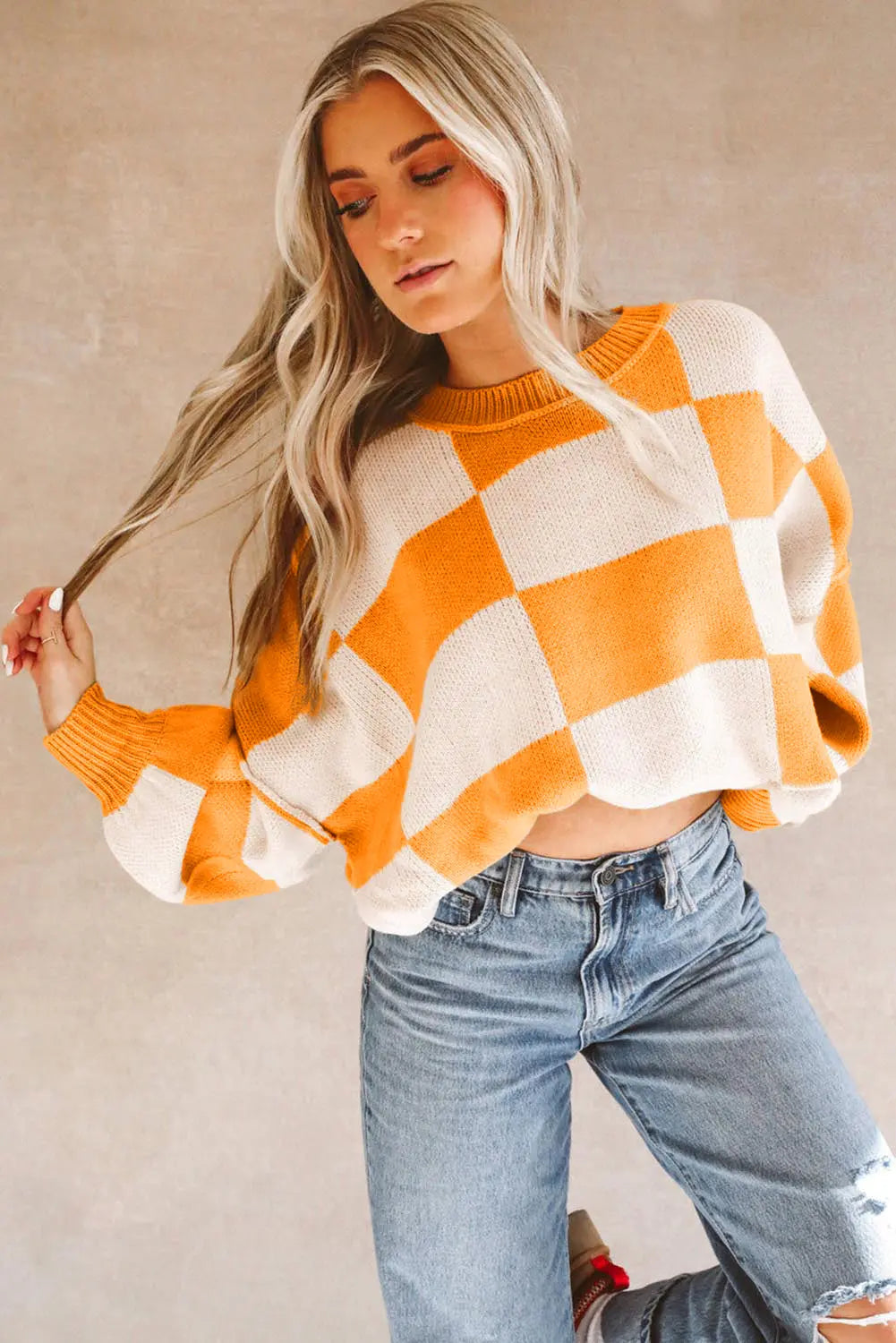Checkered Bishop Sleeve Sweater - Be Bliss Boutique