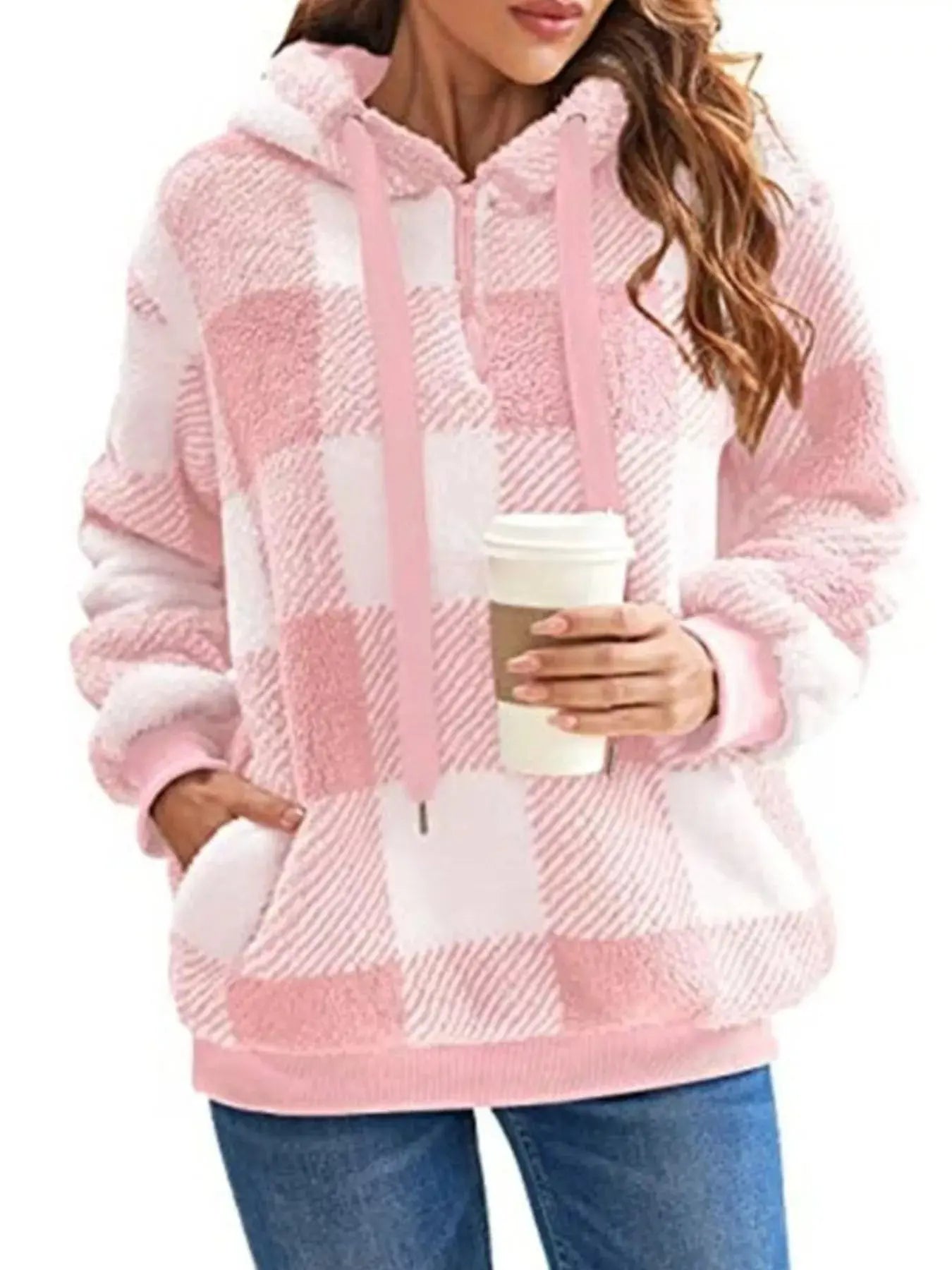 Plus Size Plaid Drawstring Sherpa Hoodie - Be Bliss Boutique