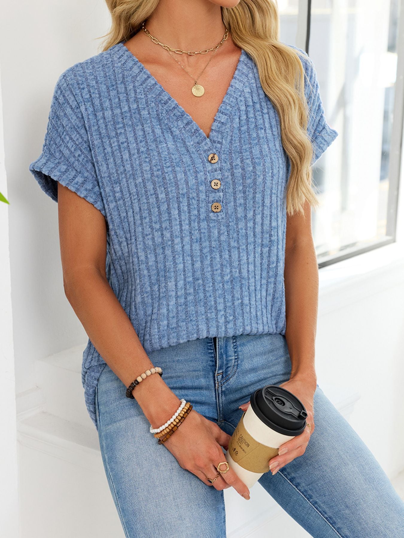 V Neck Ribbed Knit T Shirt - Be Bliss Boutique
