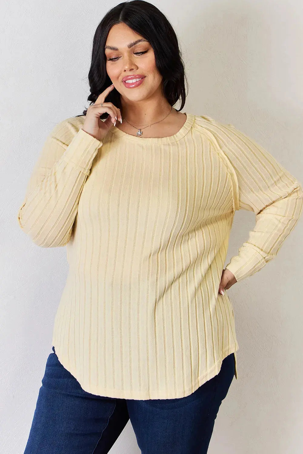 Basic Bae Ribbed Round Neck Slit Womens Long Sleeve T Shirt – Full & Plus Size - Be Bliss Boutique