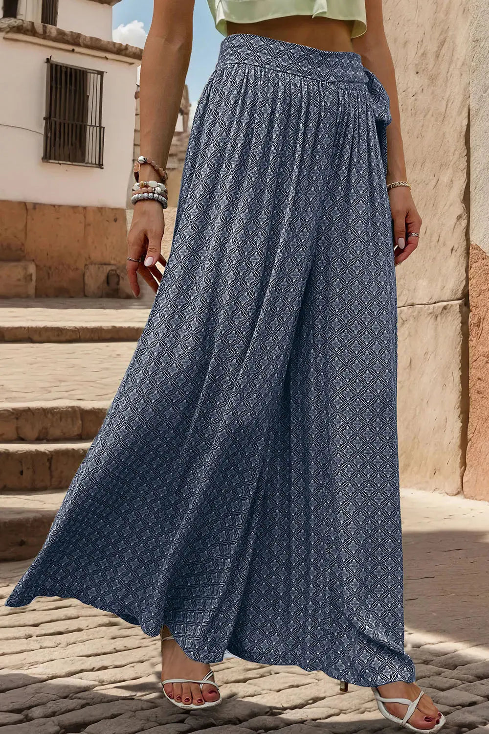 Printed Tied Wide Leg Pants - Be Bliss Boutique