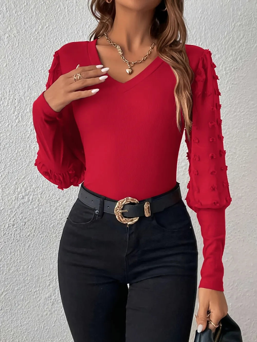 Swiss Dot V-Neck Long Sleeve Top - Be Bliss Boutique