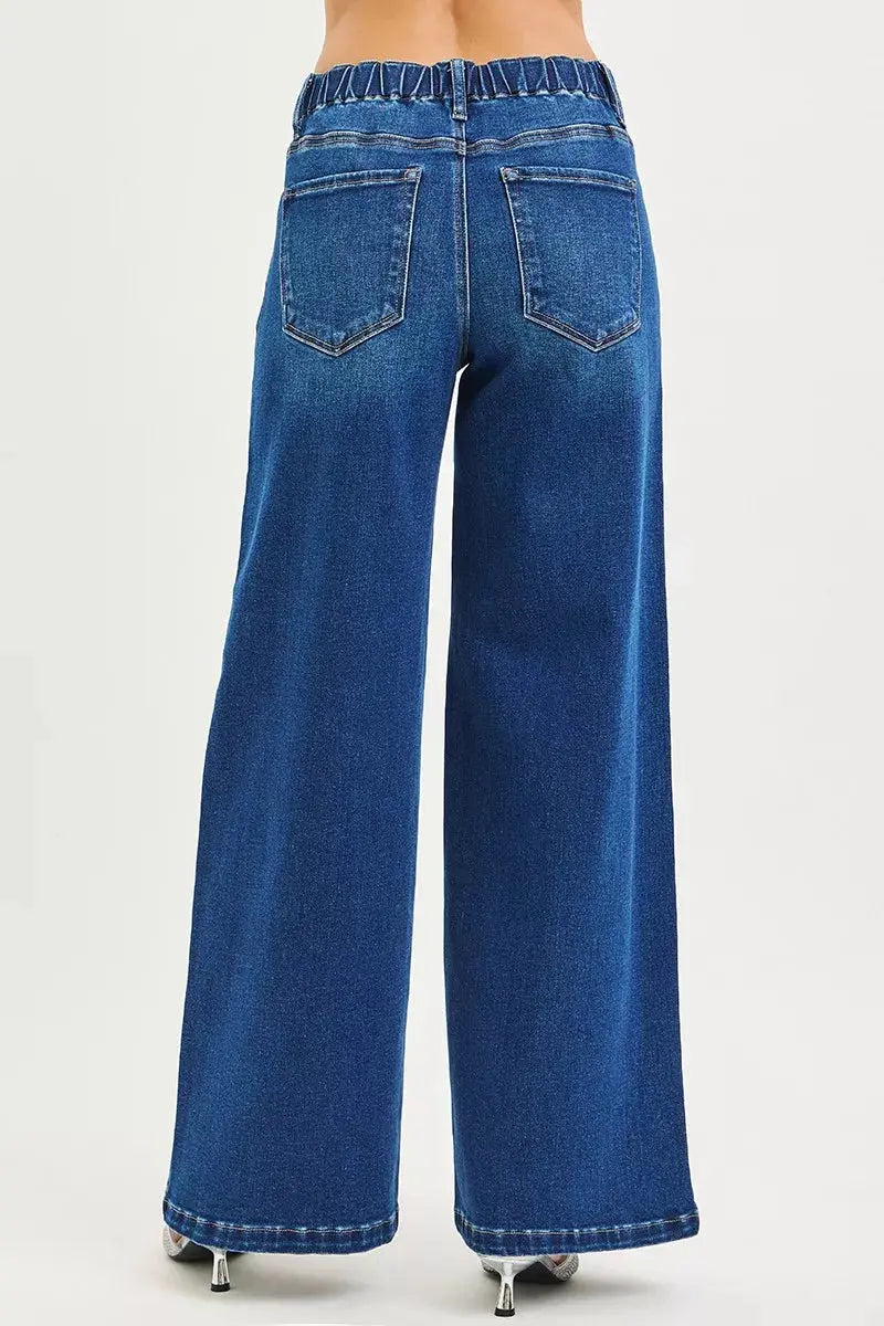 RISEN Jeans - Full Size Mid Rise Wide Side Pintuck Jeans with Front Drawstring - Be Bliss Boutique