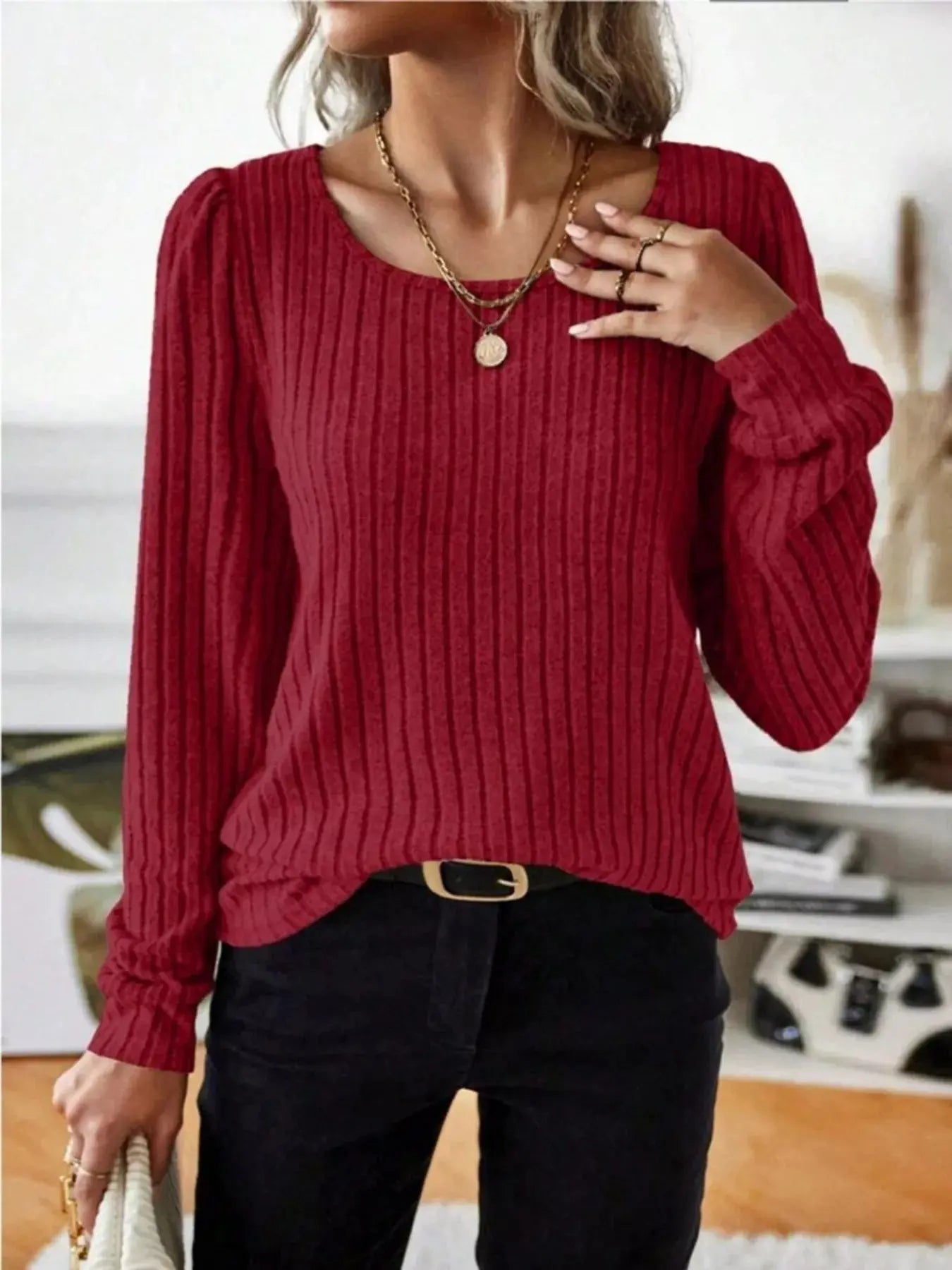 Ribbed Knit Long Sleeve T Shirt - Be Bliss Boutique