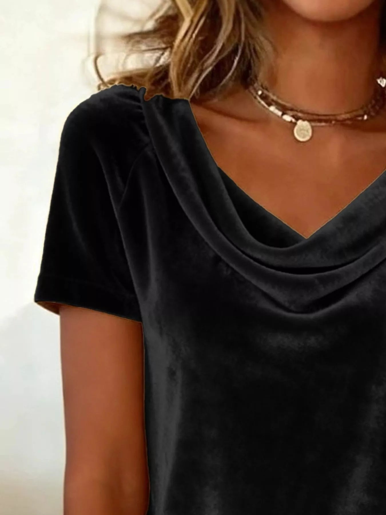 Velvet Cowl Neck Short Sleeve Top - Be Bliss Boutique