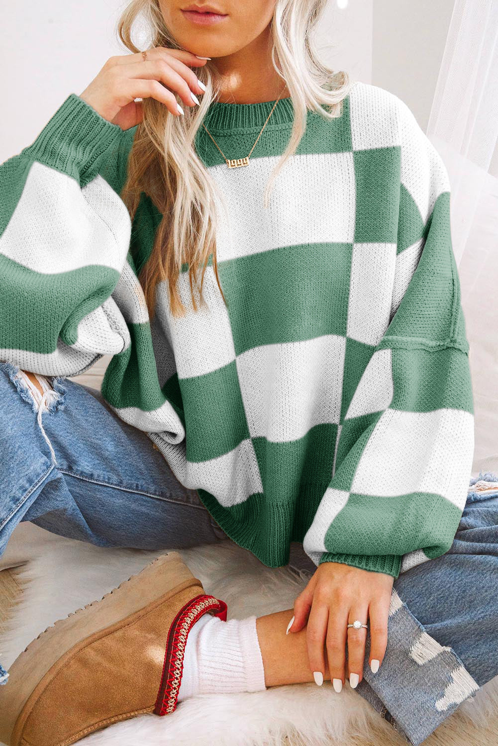 Checkered Bishop Sleeve Sweater - Be Bliss Boutique