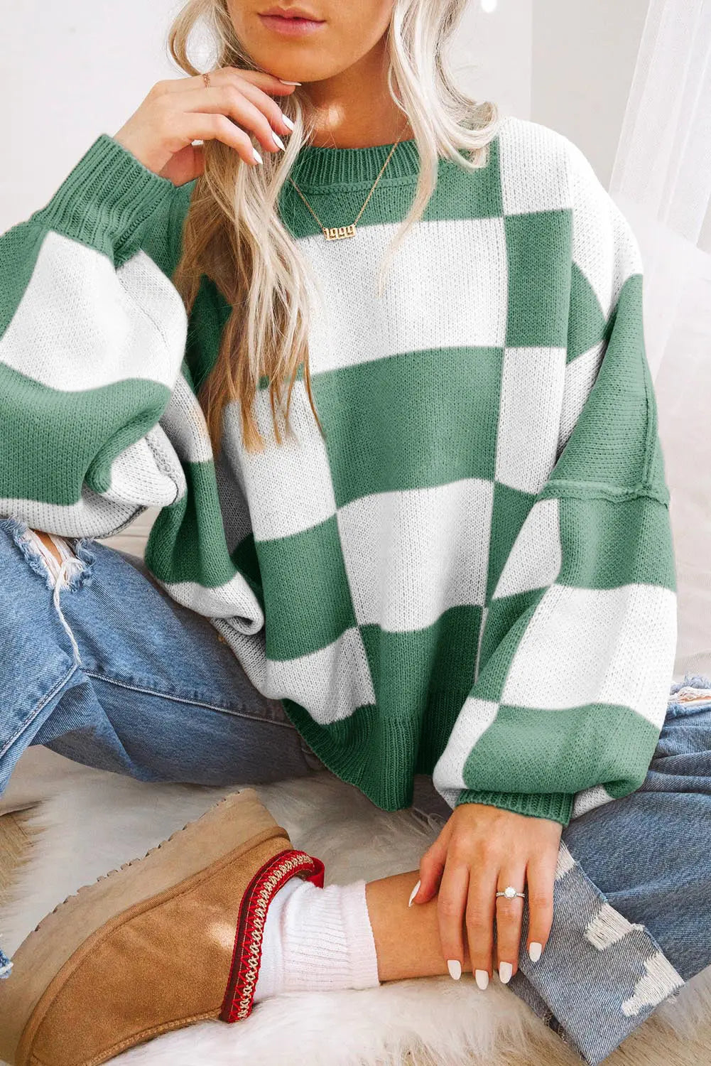 Checkered Bishop Sleeve Sweater - Be Bliss Boutique