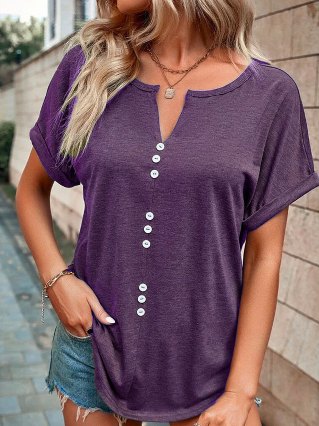 Full Size Decor Button Short Sleeve T Shirt - Be Bliss Boutique