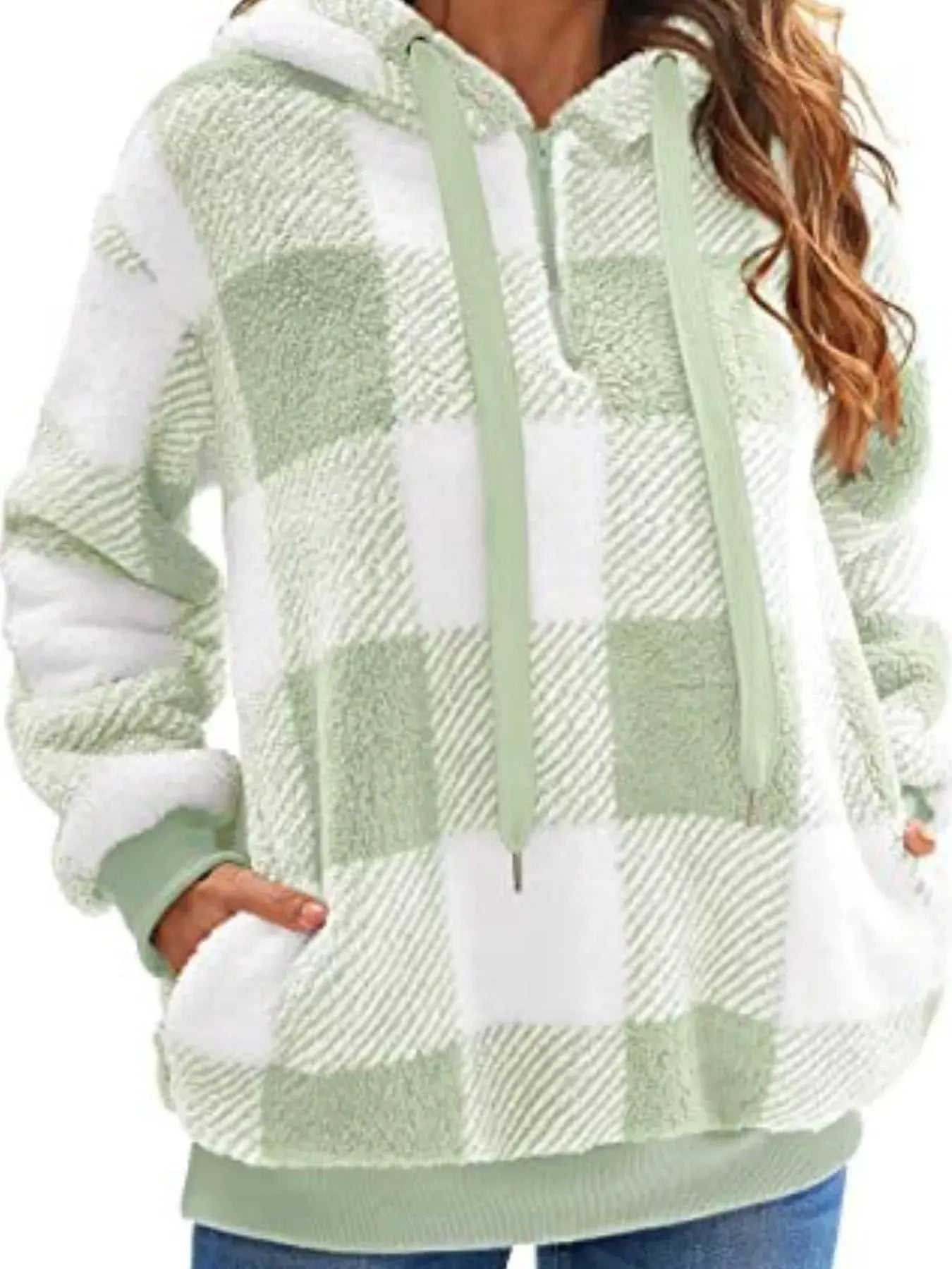 Plus Size Plaid Drawstring Sherpa Hoodie - Be Bliss Boutique
